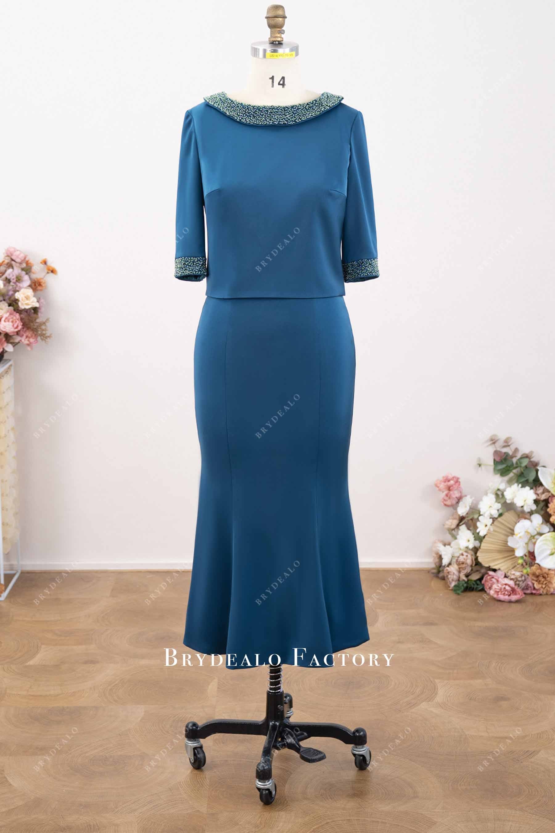 tea-length blue mother of bride dress