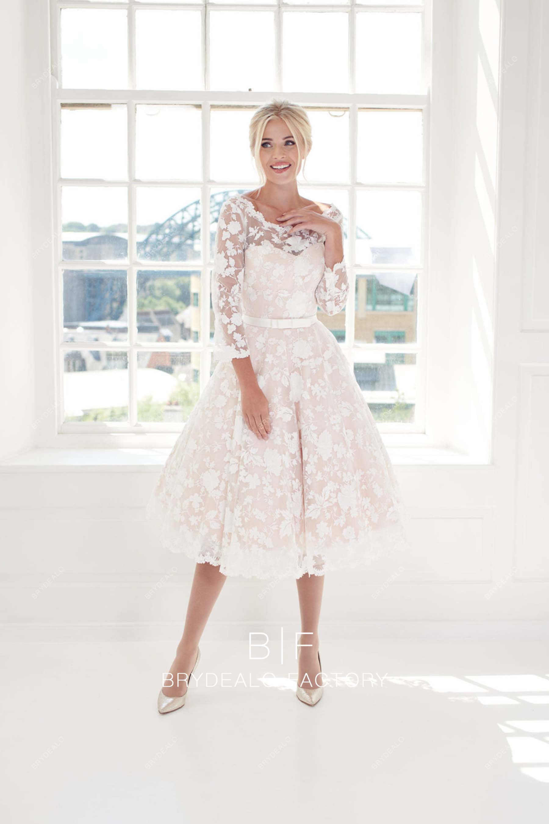 tea length lace blush vintage wedding gown