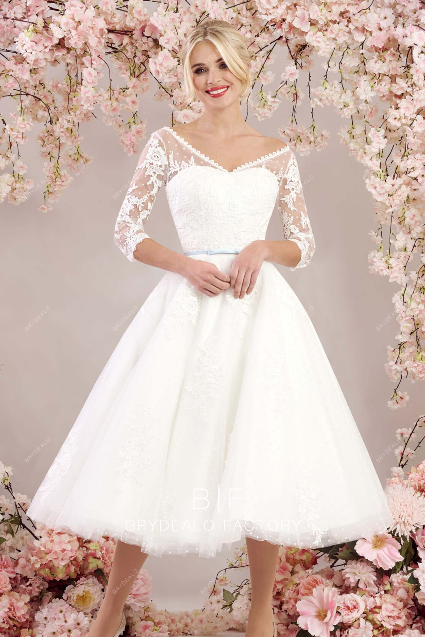 tea length lace tulle informal bridal dress