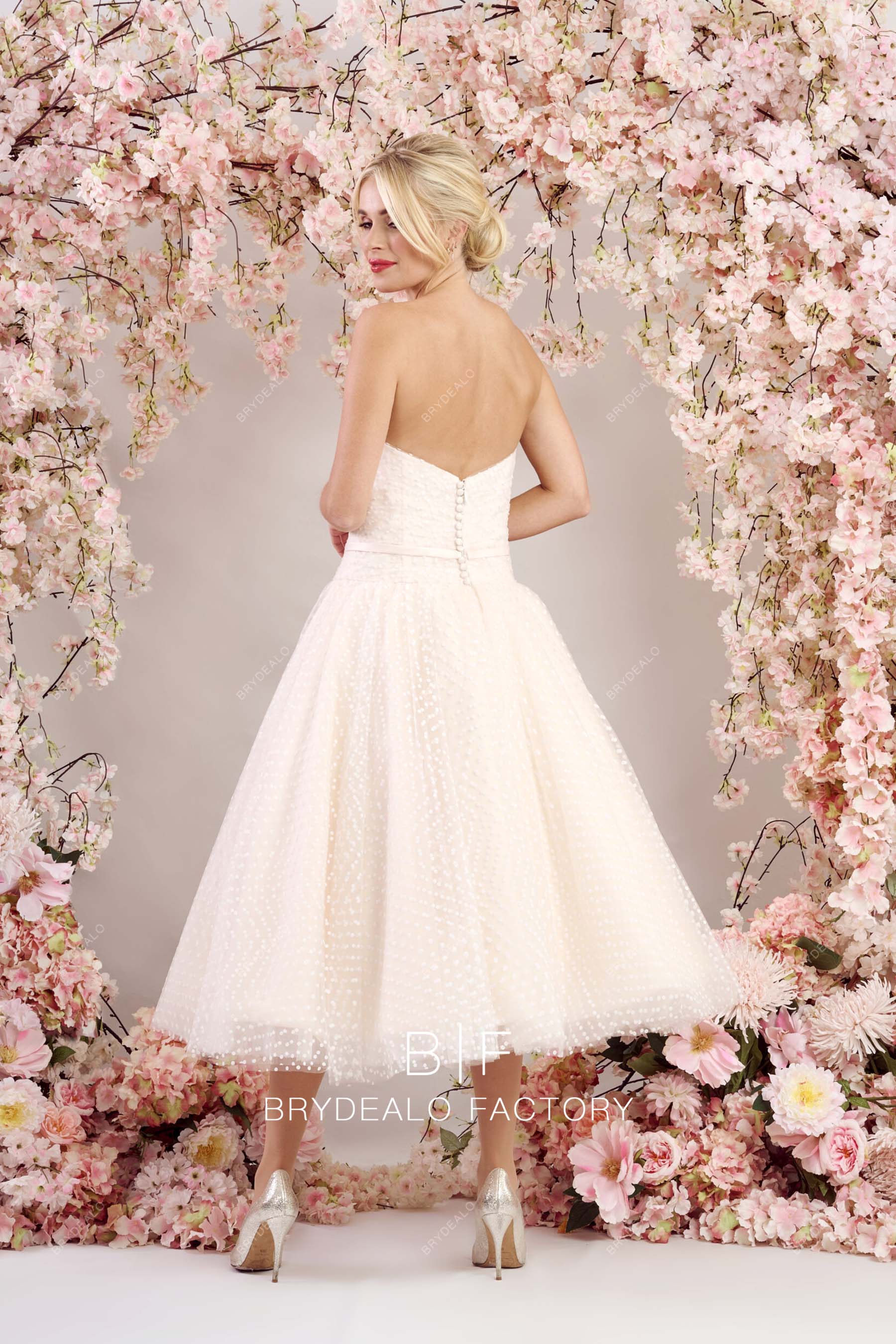 tea length open back drop waist wedding gown
