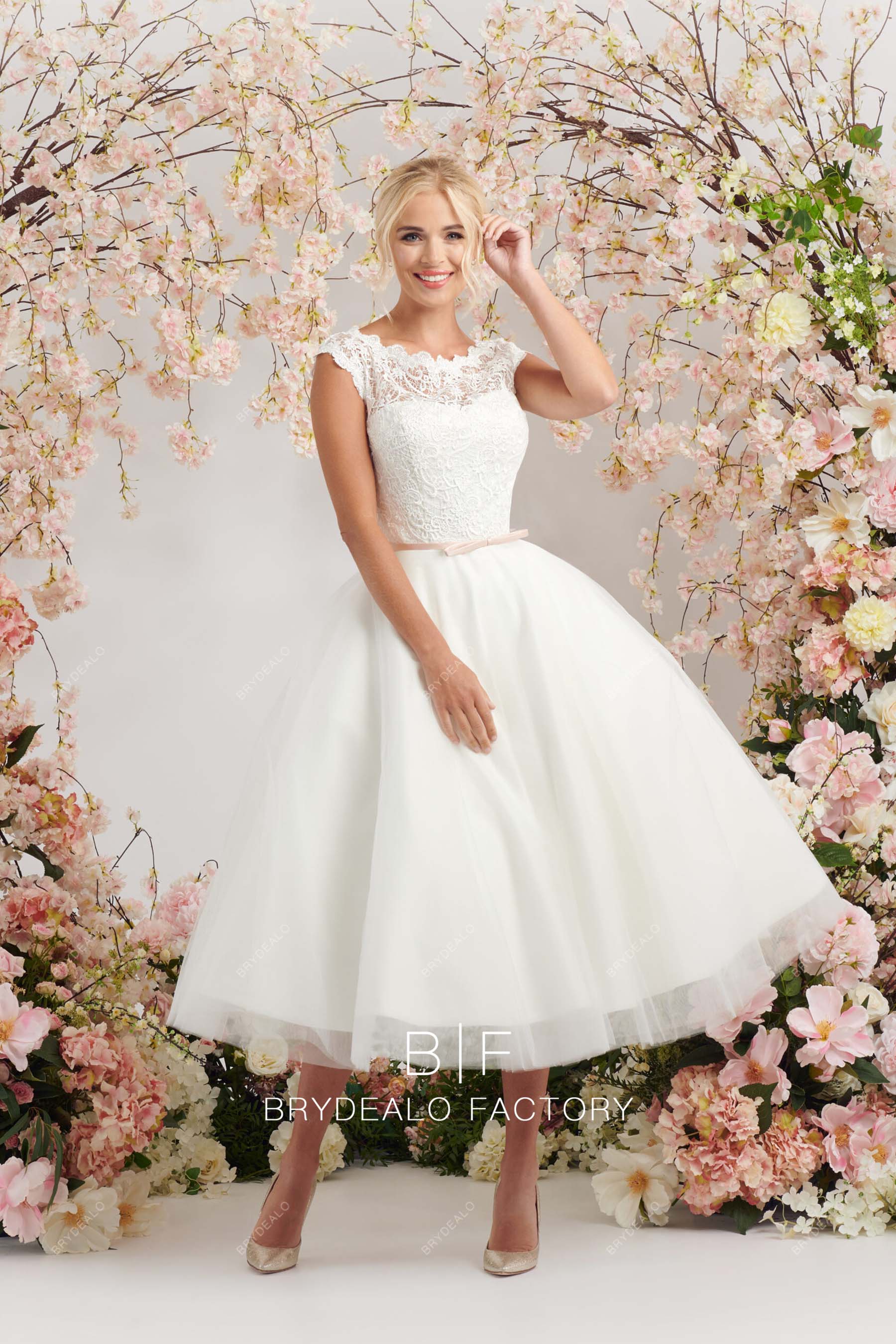 tea length puffy A-line stylish wedding gown