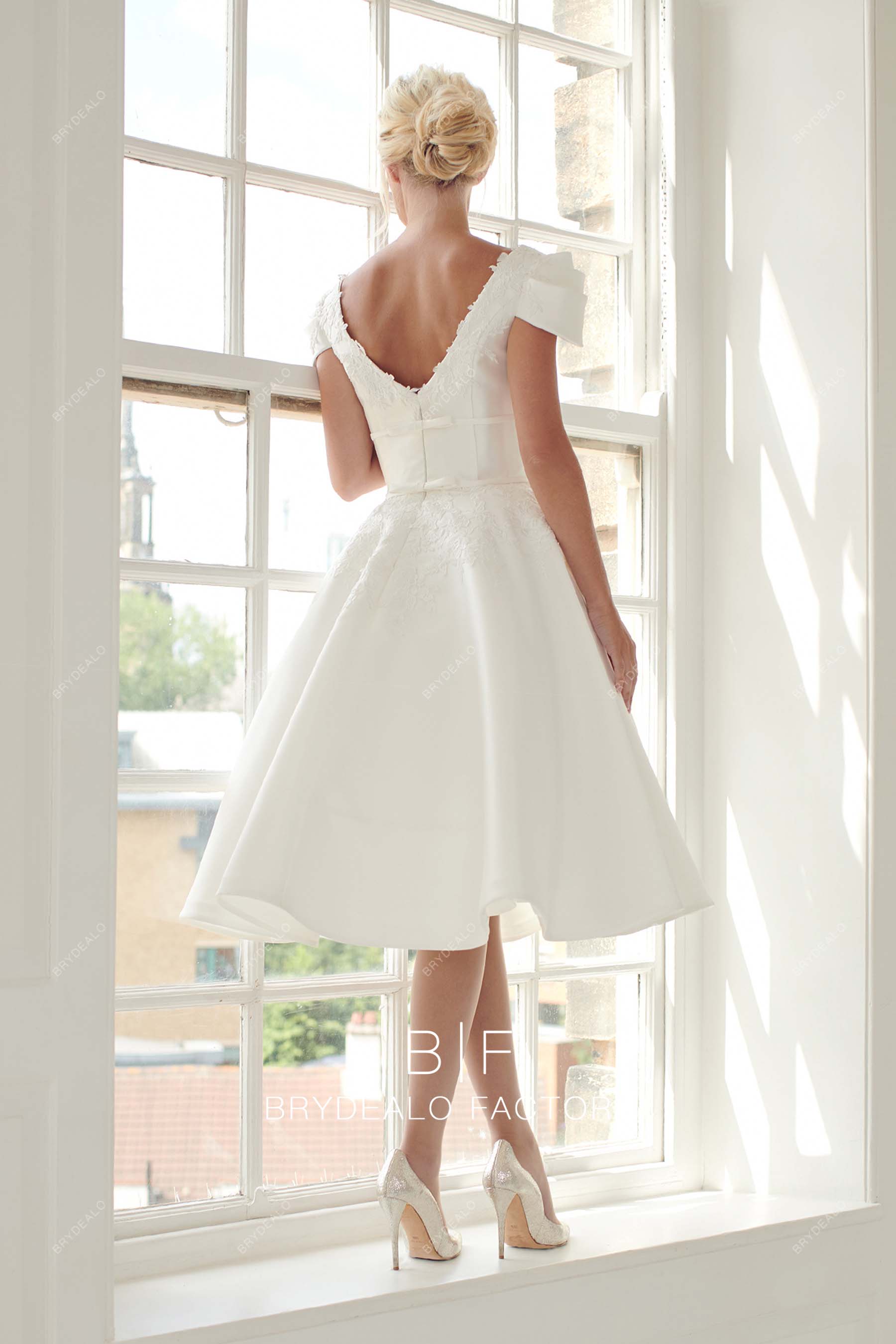 tea length casual V-back A-line wedding dress