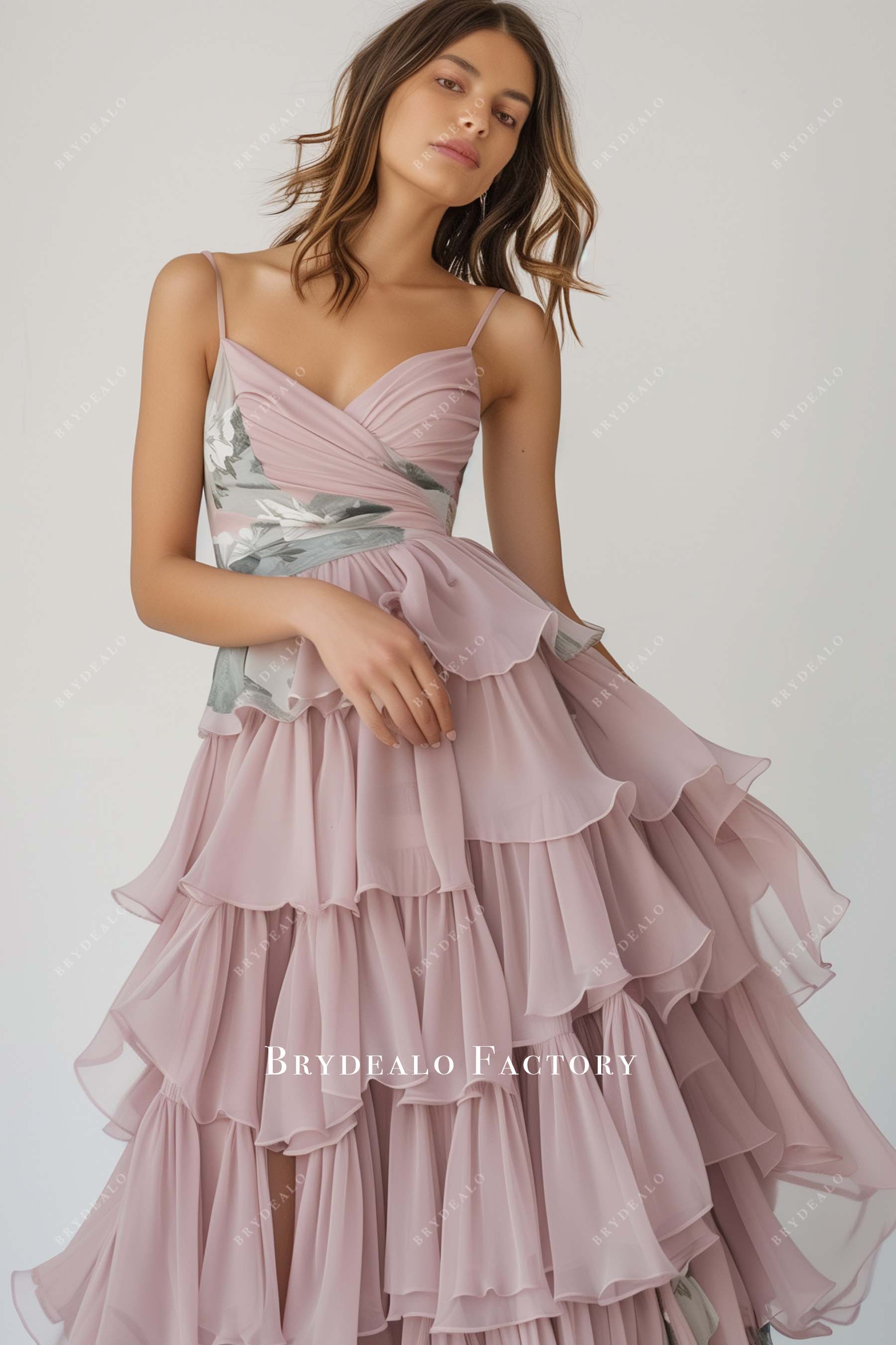 Sleeveless Spaghetti Strap Print Chiffon Bridesmaid Dress