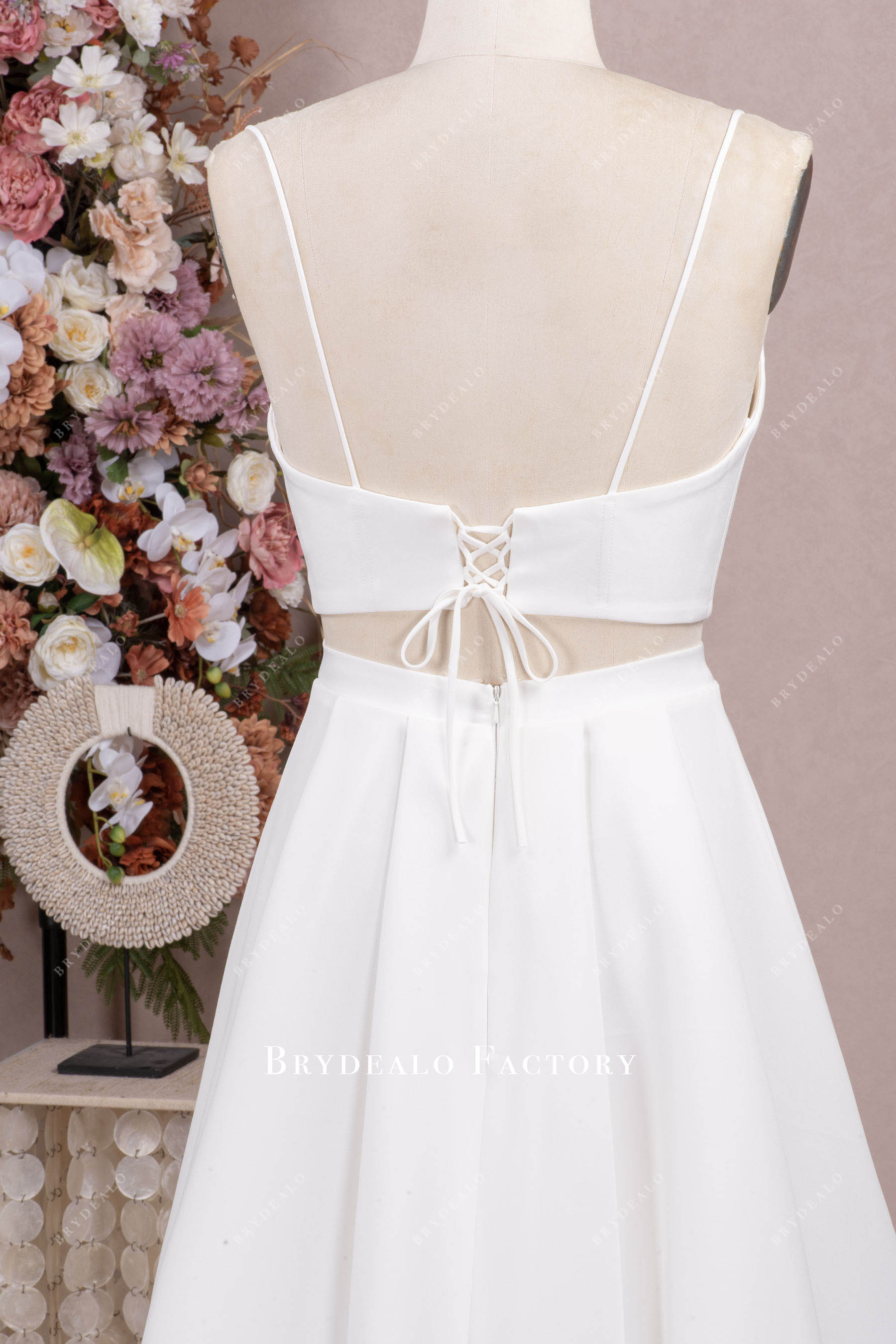 thin straps lace up back wedding dress