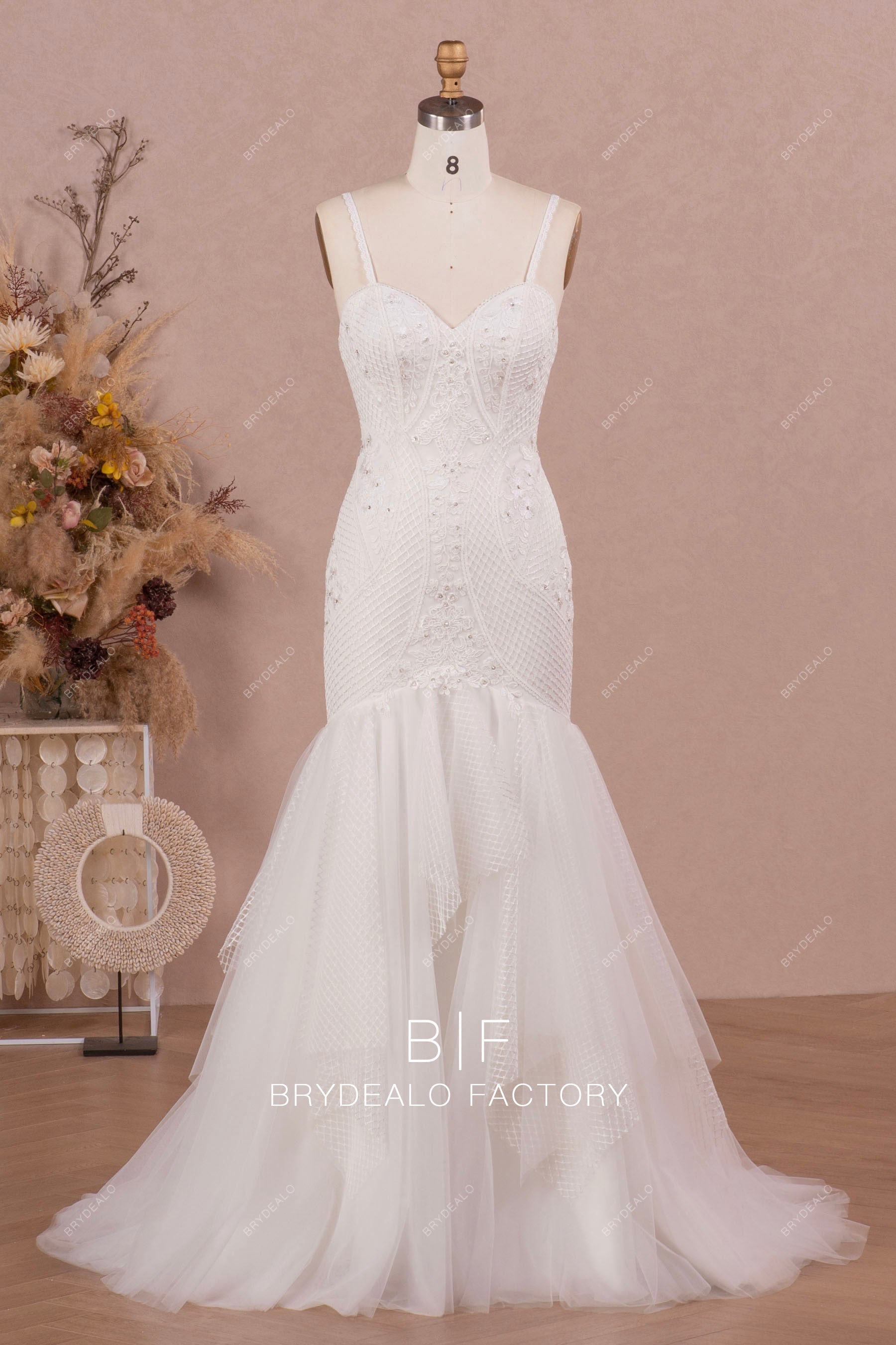 thin straps mermaid lace wedding dress