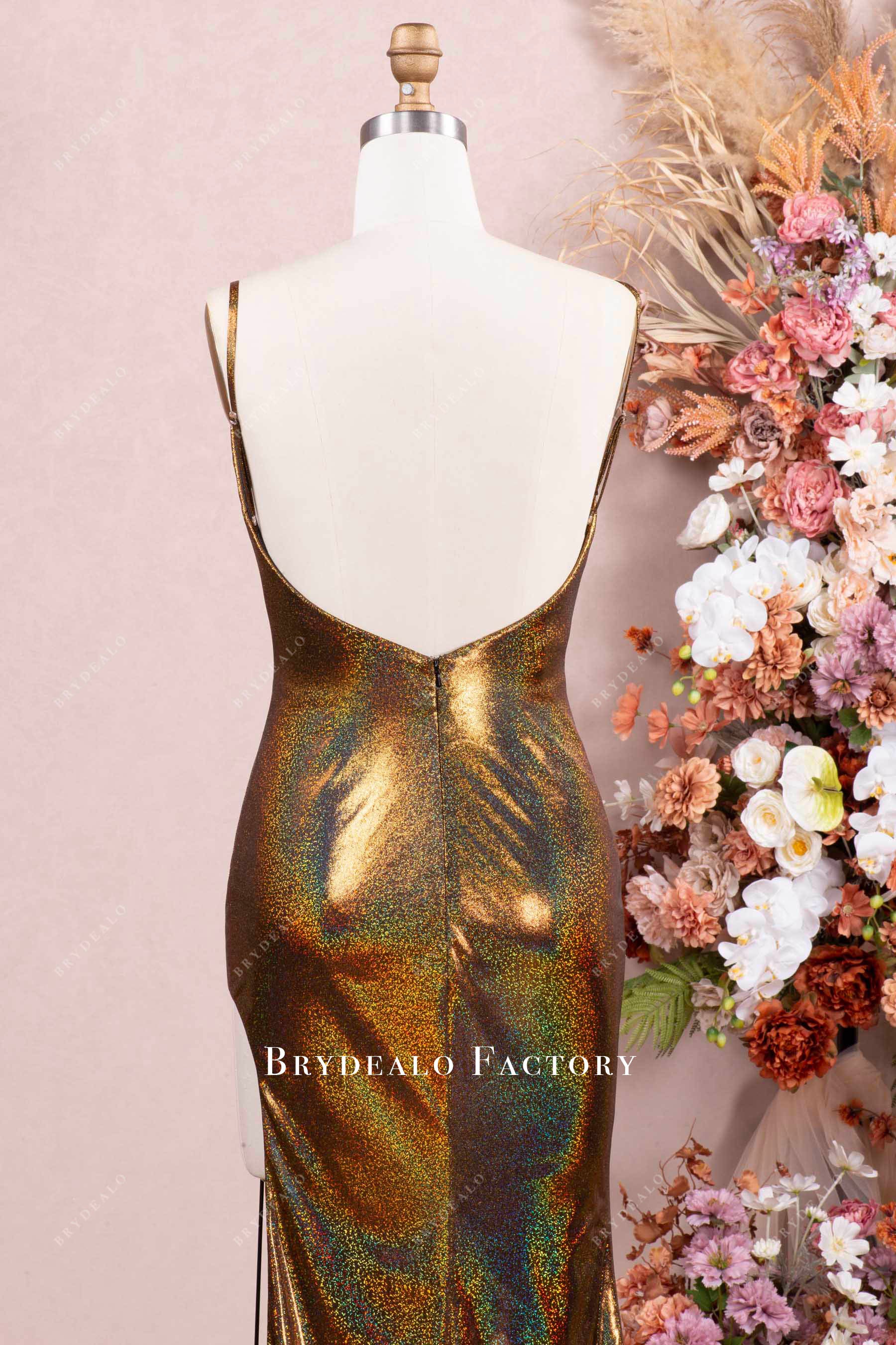 thin straps open back prom dress