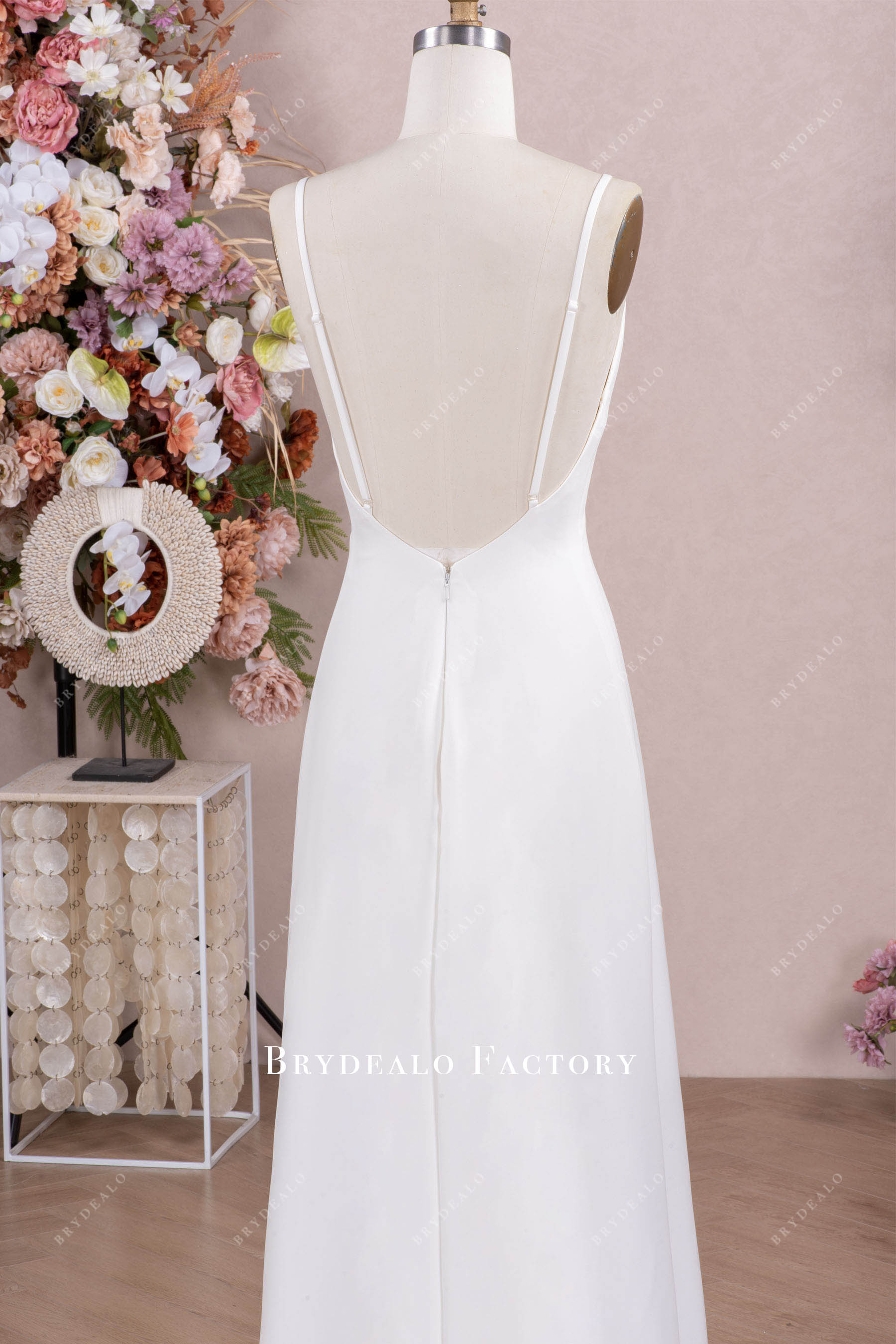 thin straps open back slip bridal gown