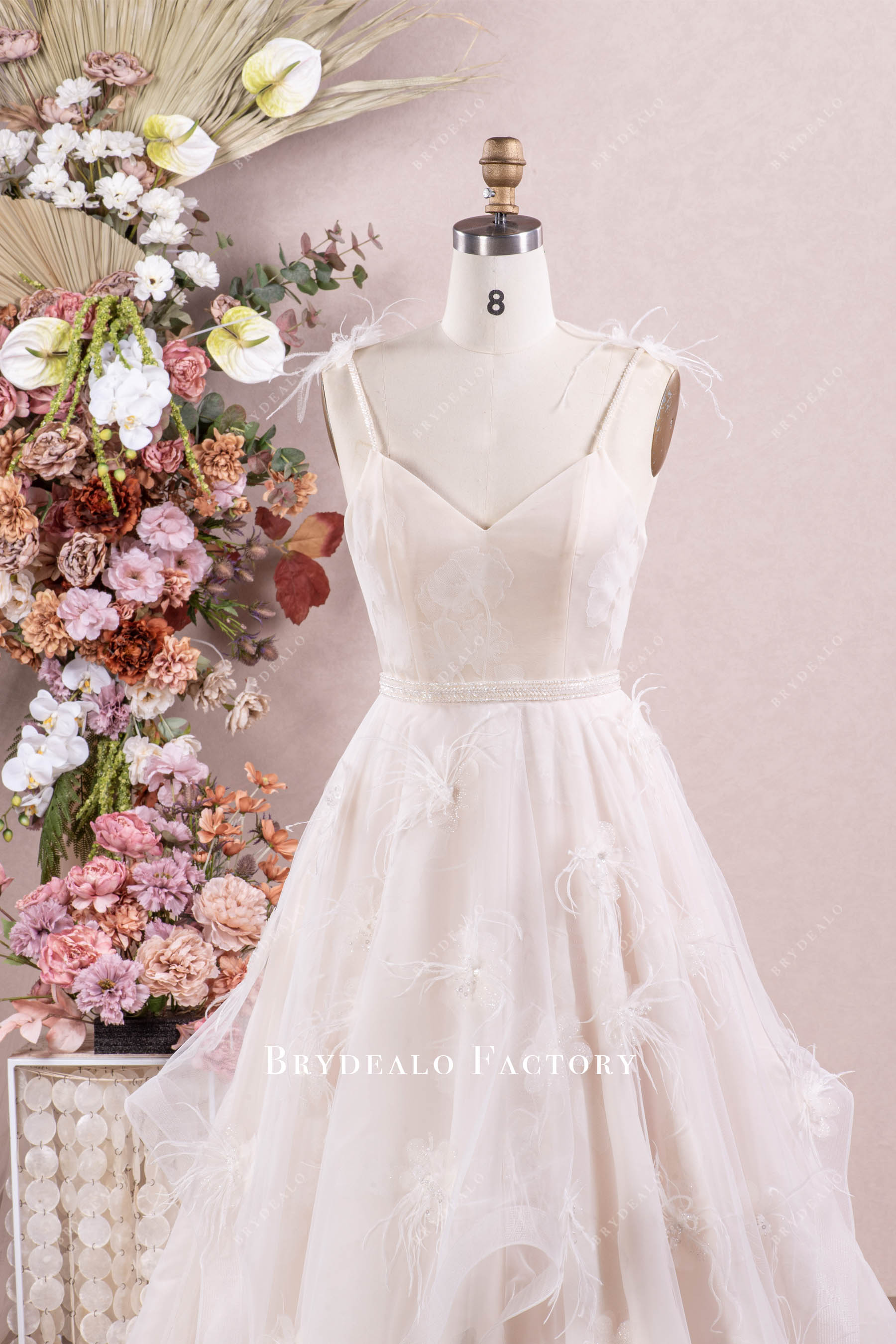 Lotus Organza Feather Flowers Ruffled A-line Wedding Dress