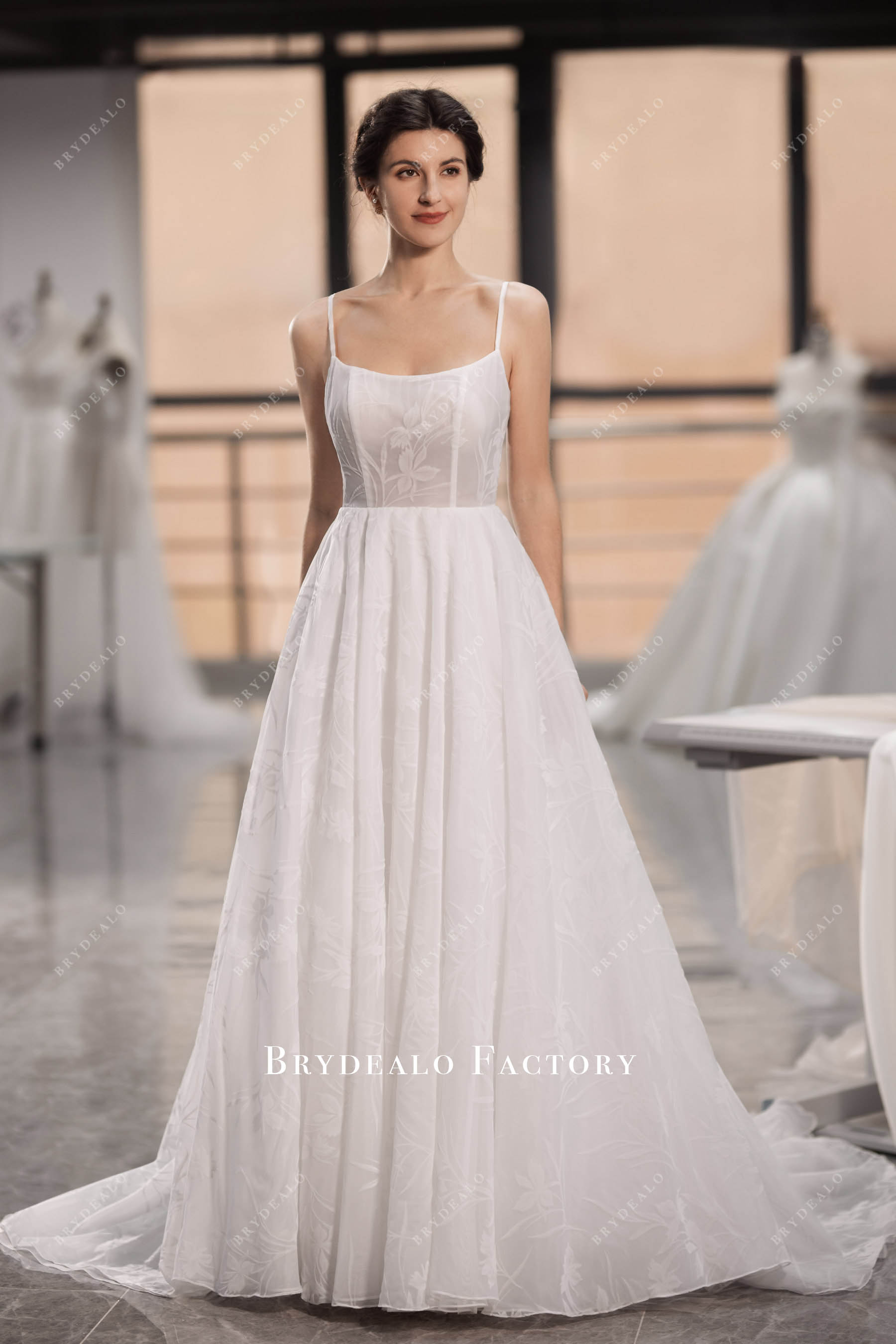 thin straps velvet organza wedding dress