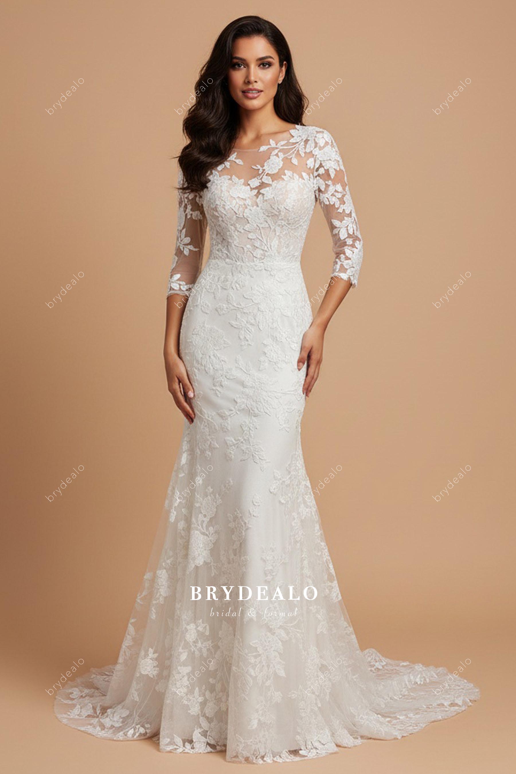 three-quarter sleeves lace mermaid wedding dress