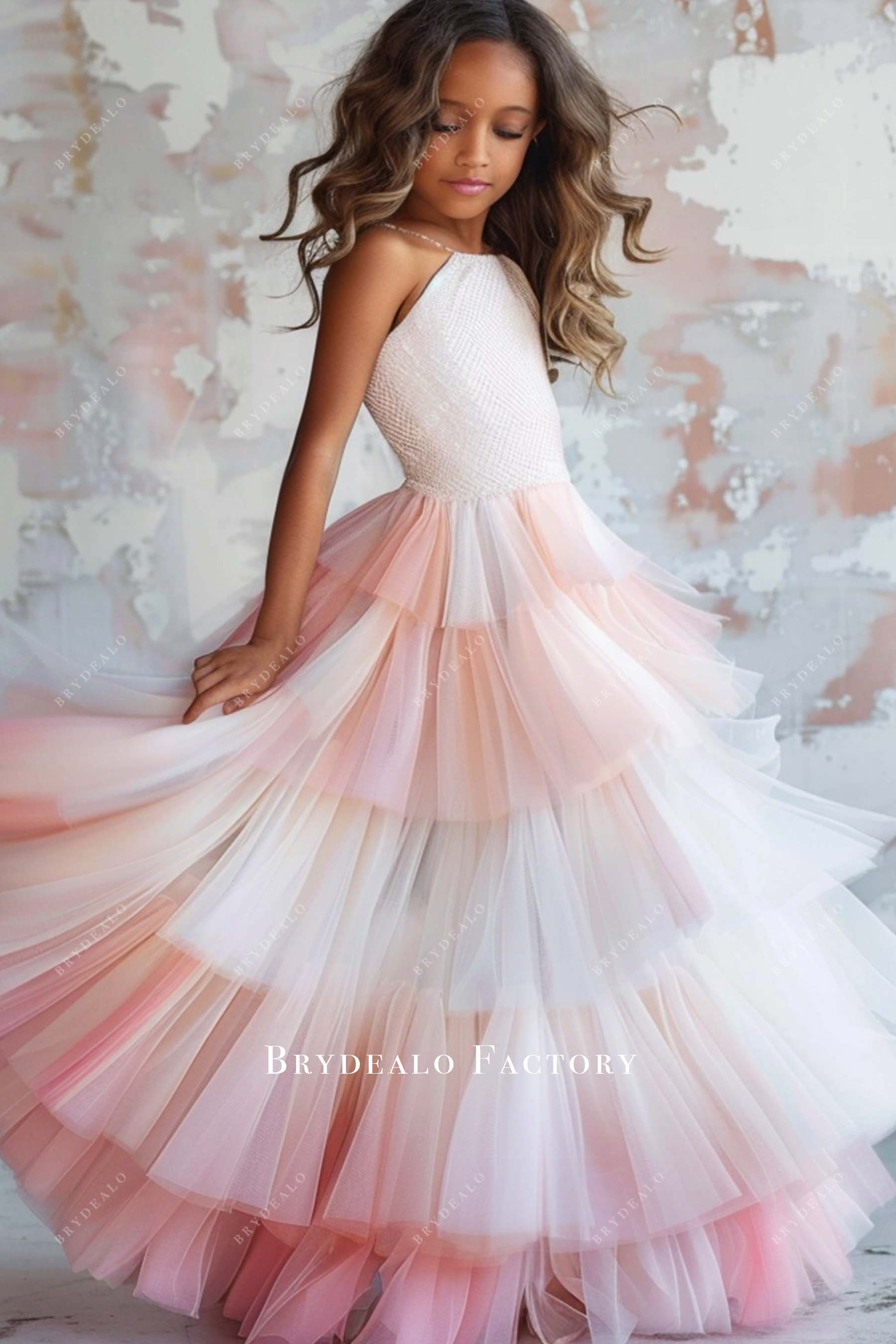 Halter Neck Ombre Pink Tiered Tulle Flower Girl Dress