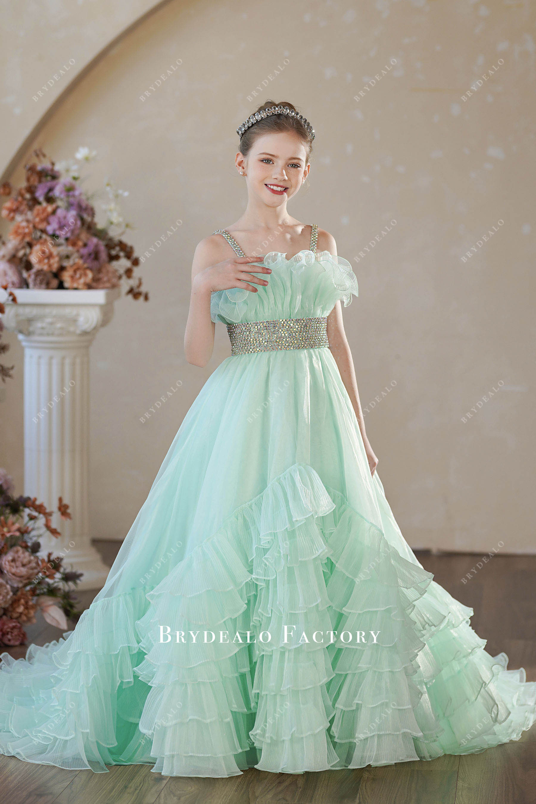green emerald velvet dress Tiffany Ruffled Neck Rhinestone Straps Junior Pageant Dress