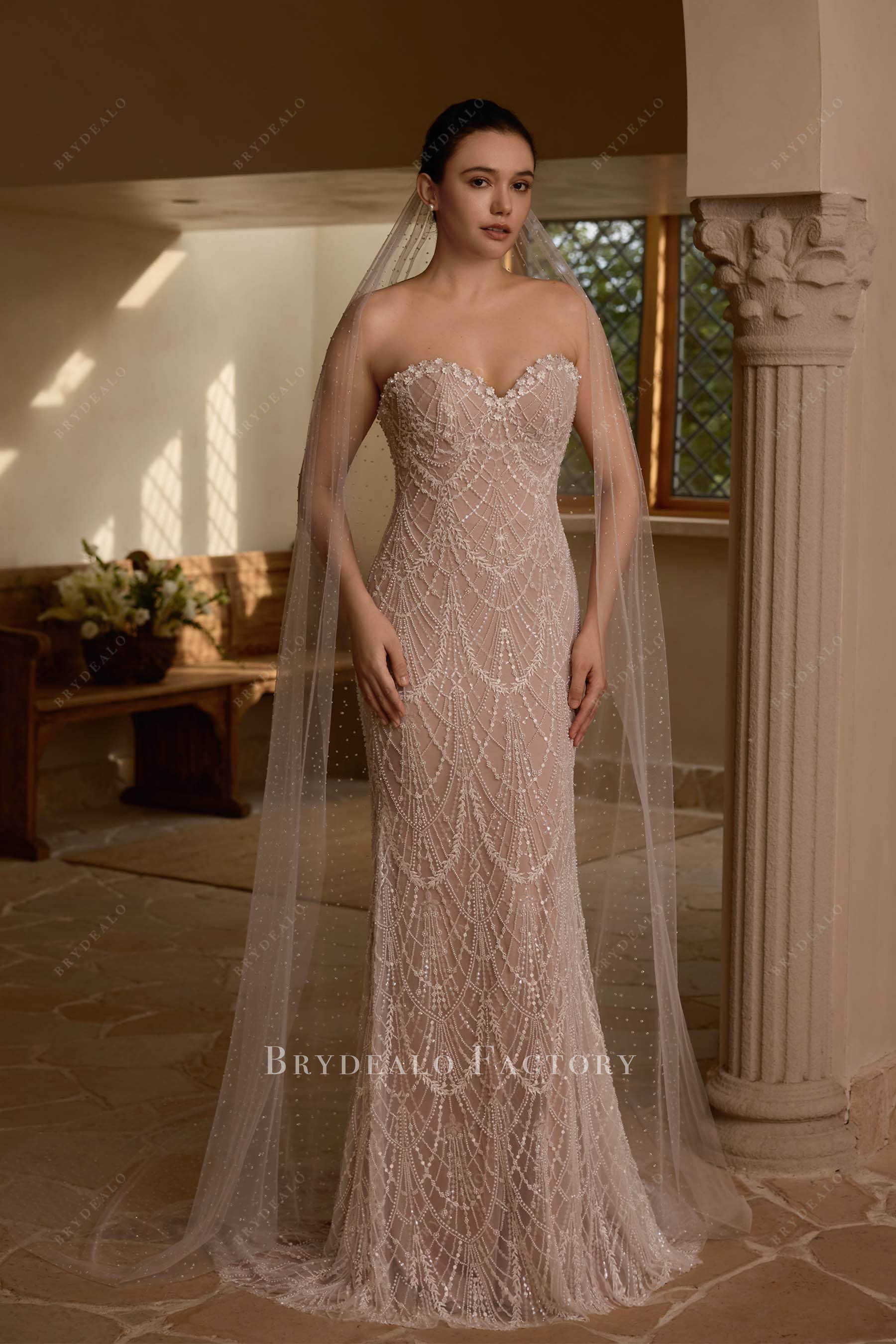 Nude Beige Sweetheart Beaded Lace Fit Flare Wedding Dress Nude Beige Sweetheart Beaded Lace Fit Flare Wedding Dress
