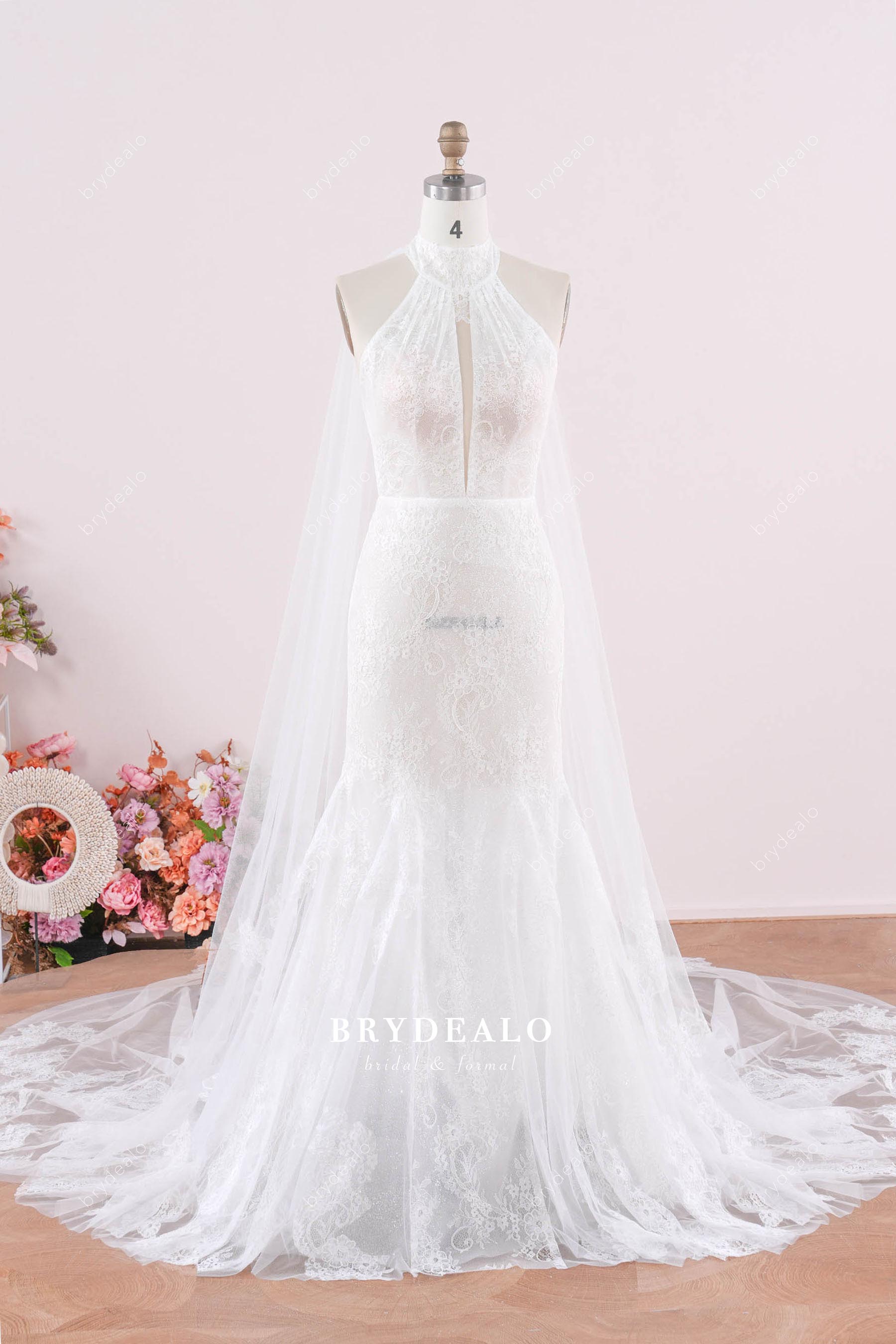 tulle cape lace wedding dress