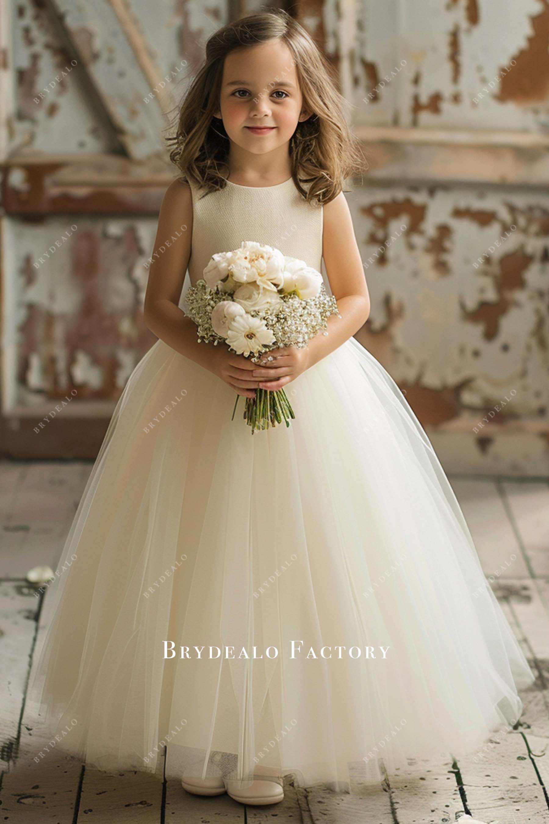 Sleeveless Ivory Tulle Ankle Length Kids Flower Girl Dress