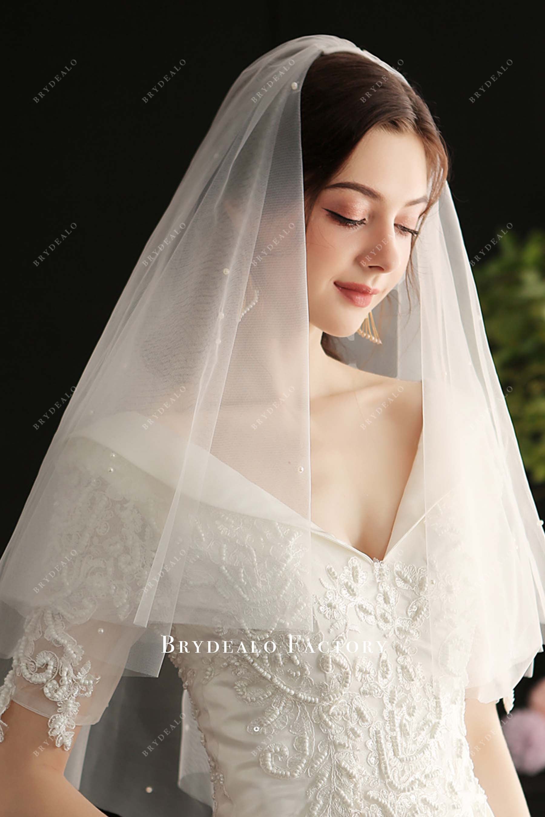 tulle pearls weddong veil