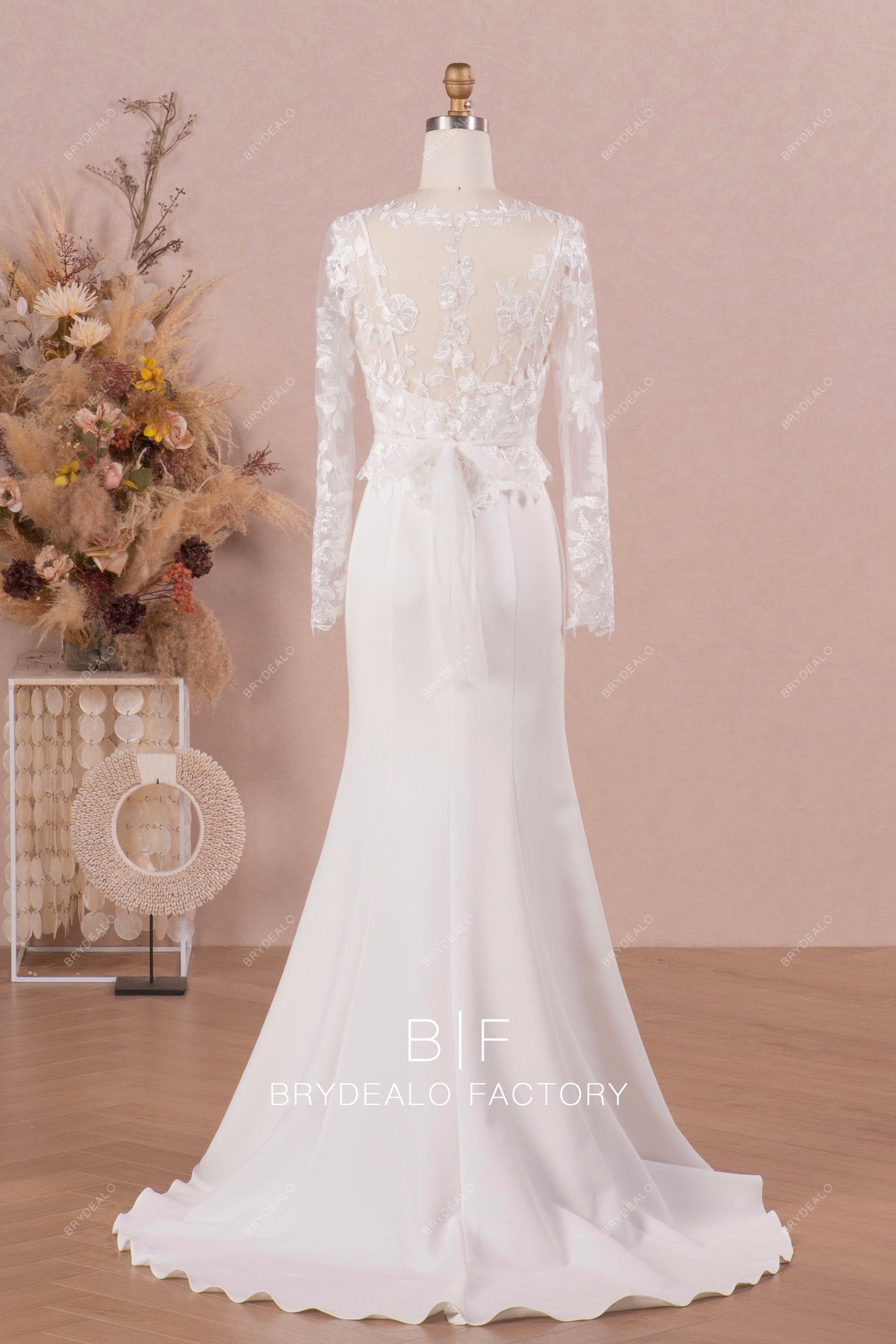 two-piece lace top crepe skirt bridal dress
