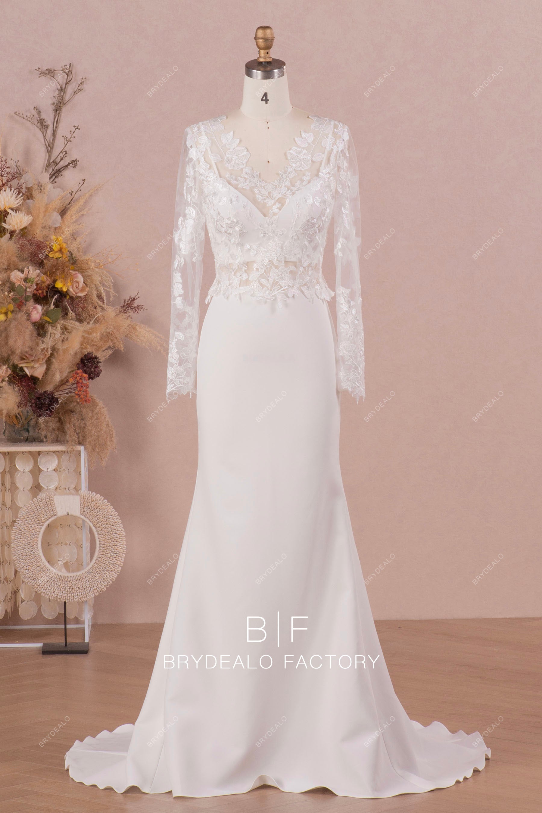 V-neck Lace Bolero Crepe Crop Top Mermaid Private Label Wedding Dress Light Ivory / Dress with Bolero V-neck Lace Bolero Crepe Crop Top Mermaid Private Label Wedding Dress Light Ivory / Dress with Bolero