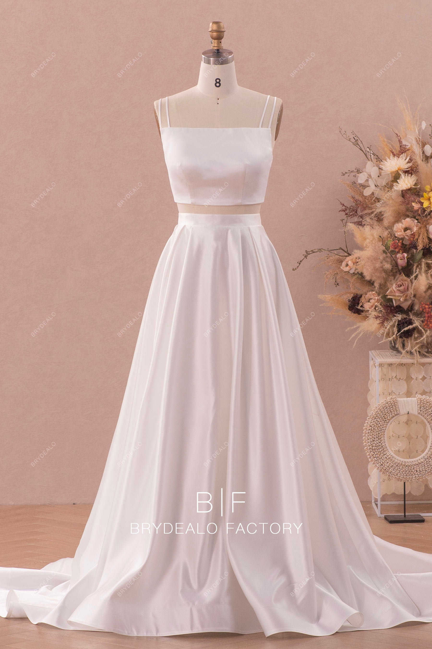 two-piece straps satin Aline wedding dress