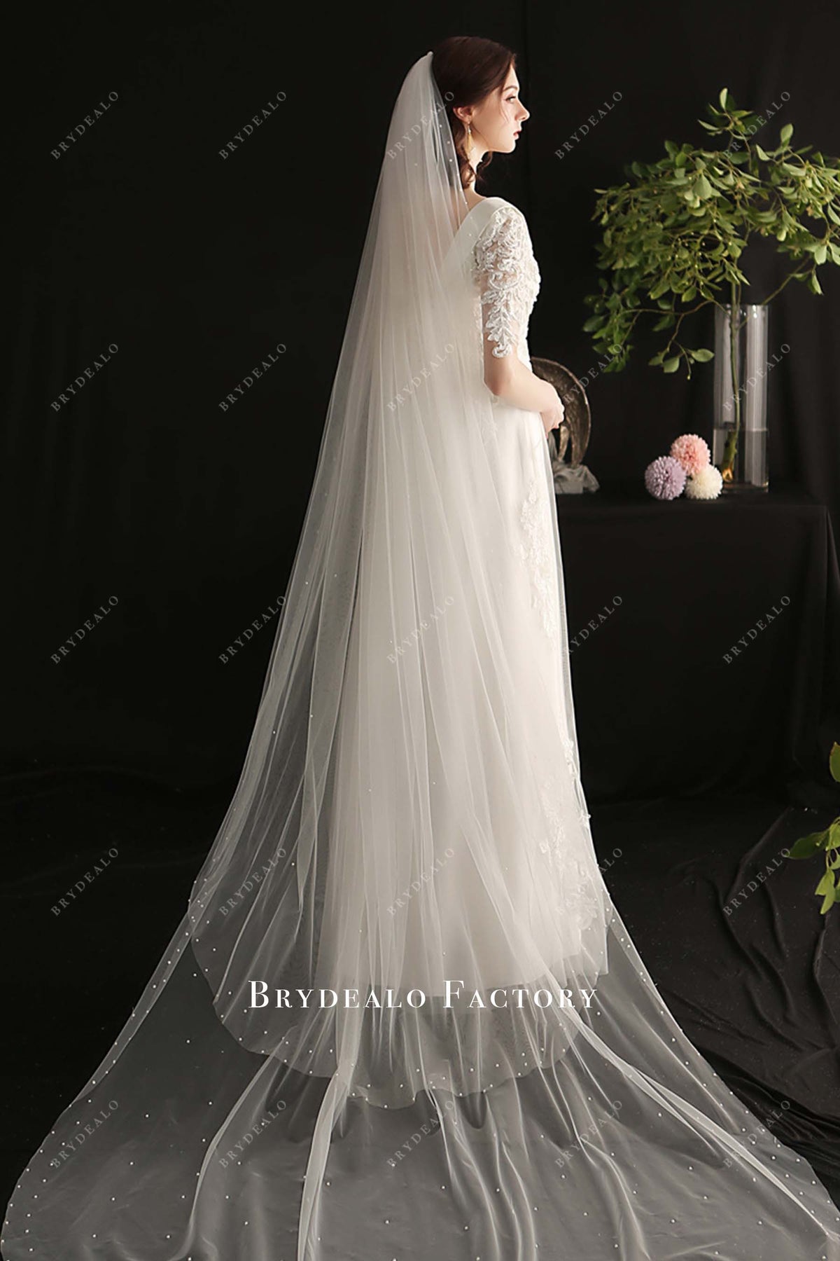 Two Tier Tulle Pearls Cathedral Length Bridal Veil