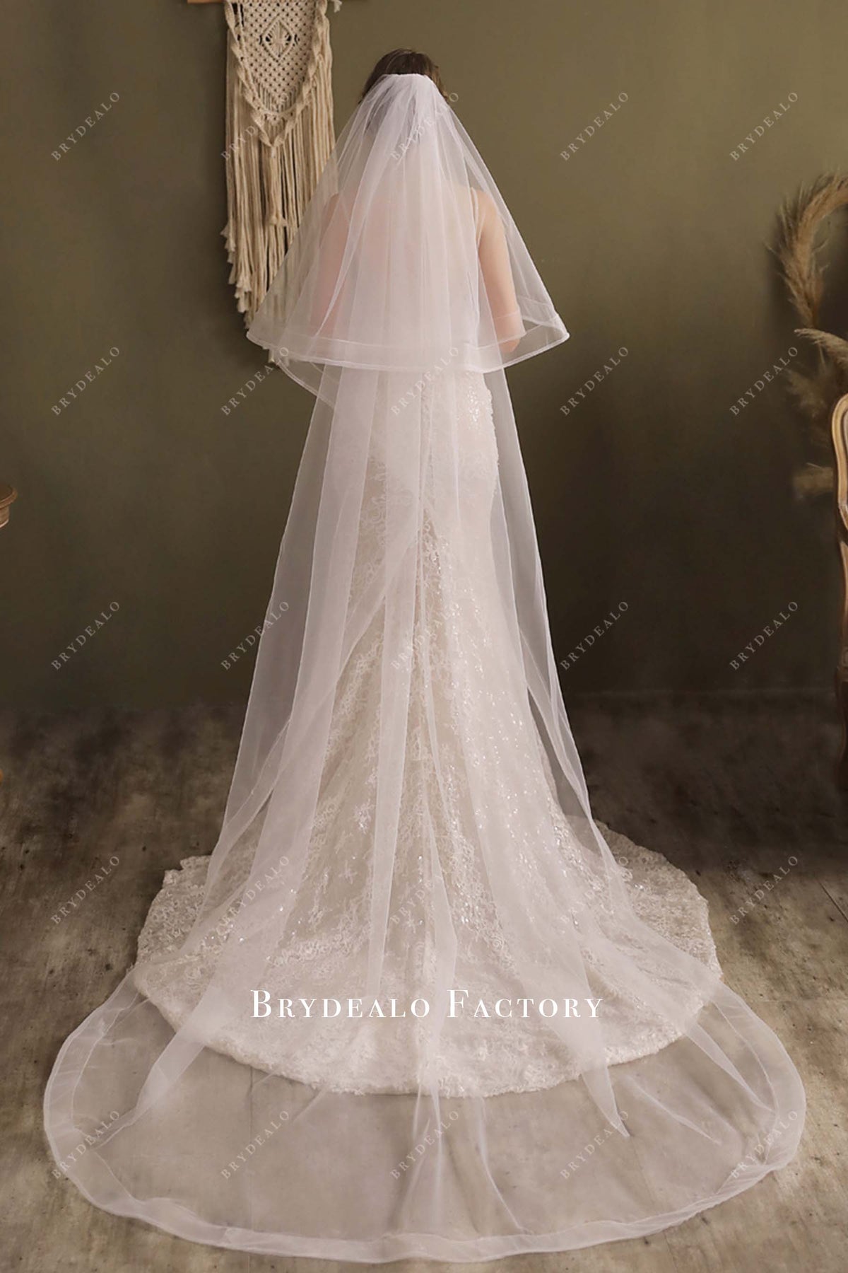 Cathedral Length Veil - Light Ivory Chapel Length Wedding Veil, Simple Raw Edge Bridal Veil  main image 2