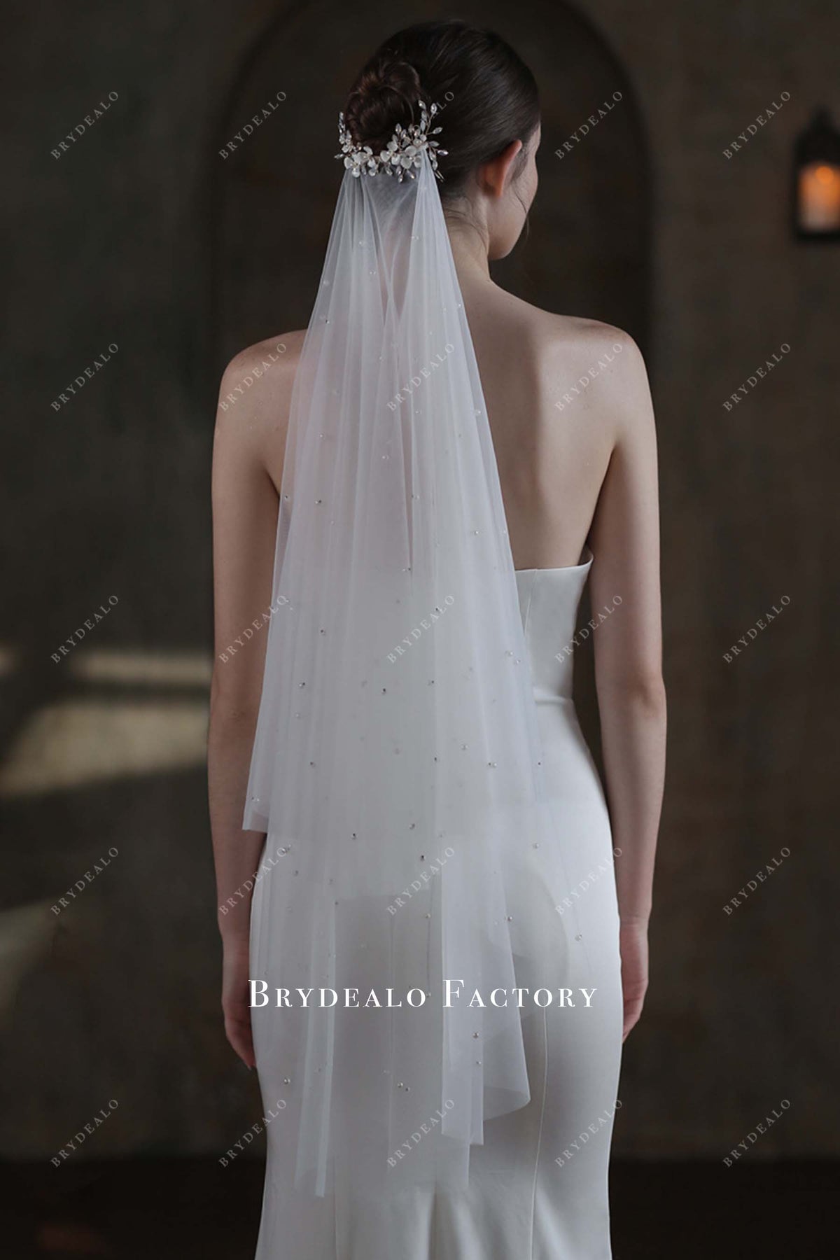 Two Tier Rhinestones Comb Pearls Fingertip Length Bridal Veil