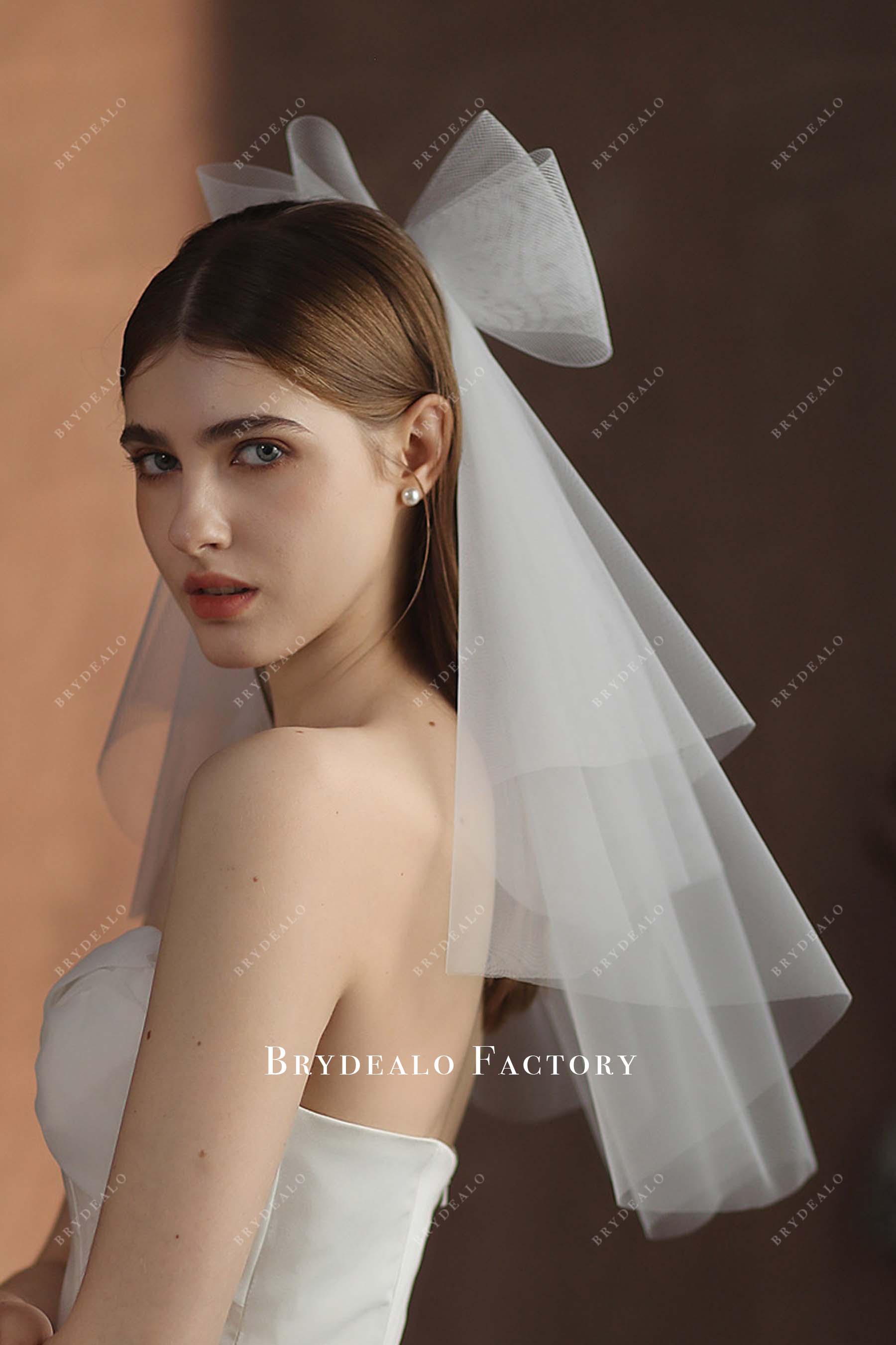 Cute Tulle Bow Elbow Length Waterfall Veil