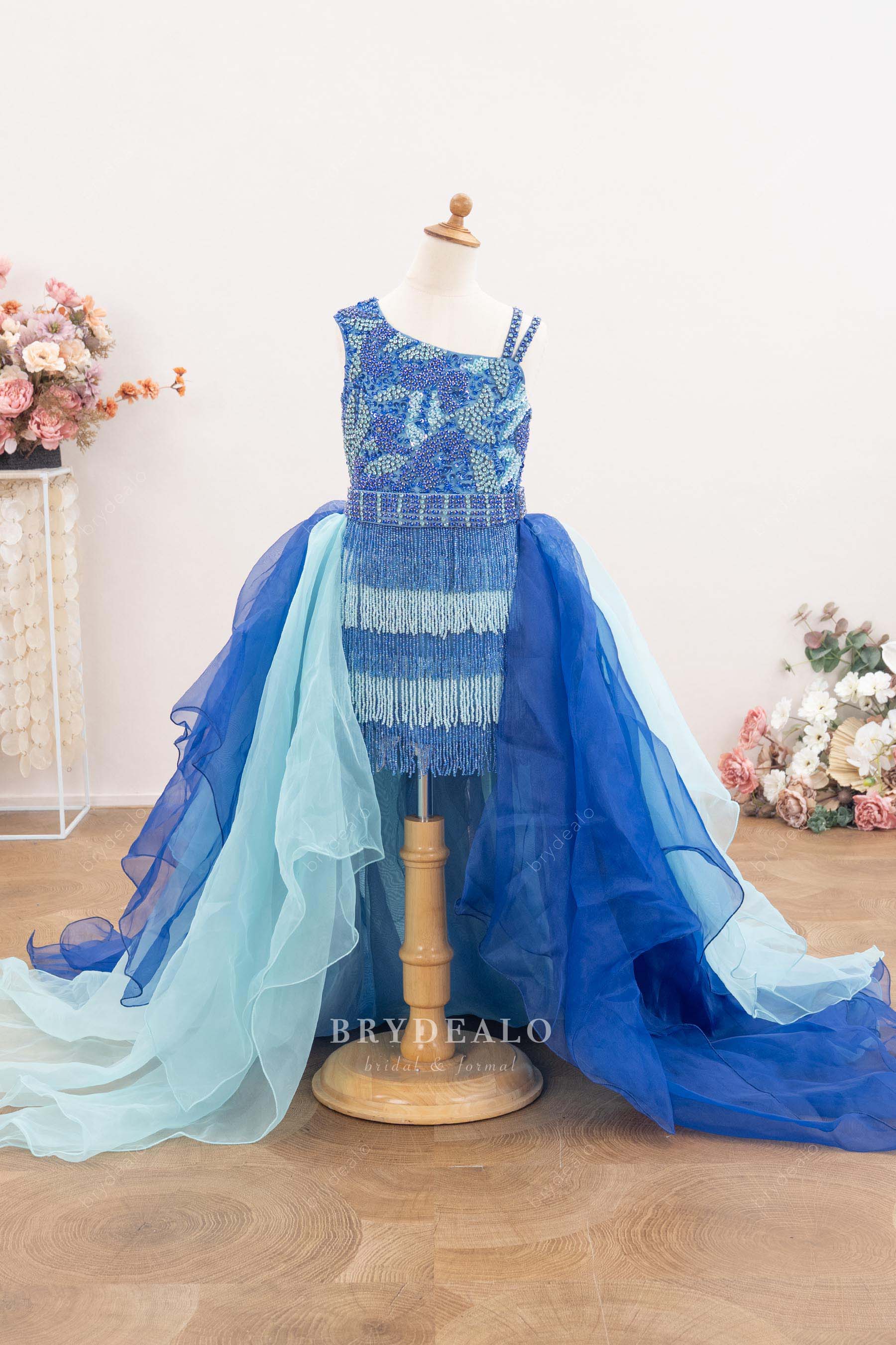two-tone blue luxury tassel pageant dress