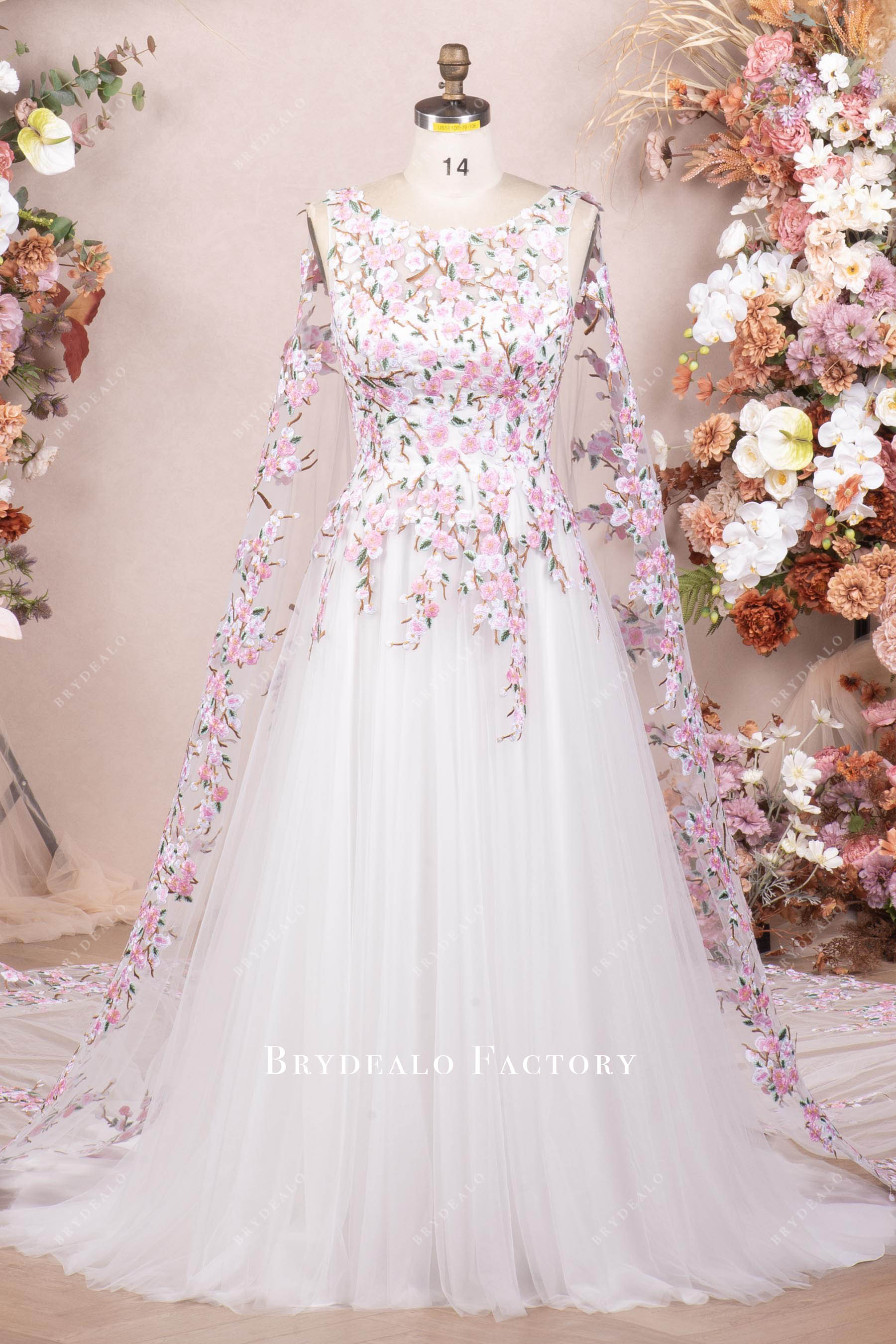 Pink Flower White Tulle Long Detachable Cape Veil Wedding Dress Pink Flower White Tulle Long Detachable Cape Veil Wedding Dress