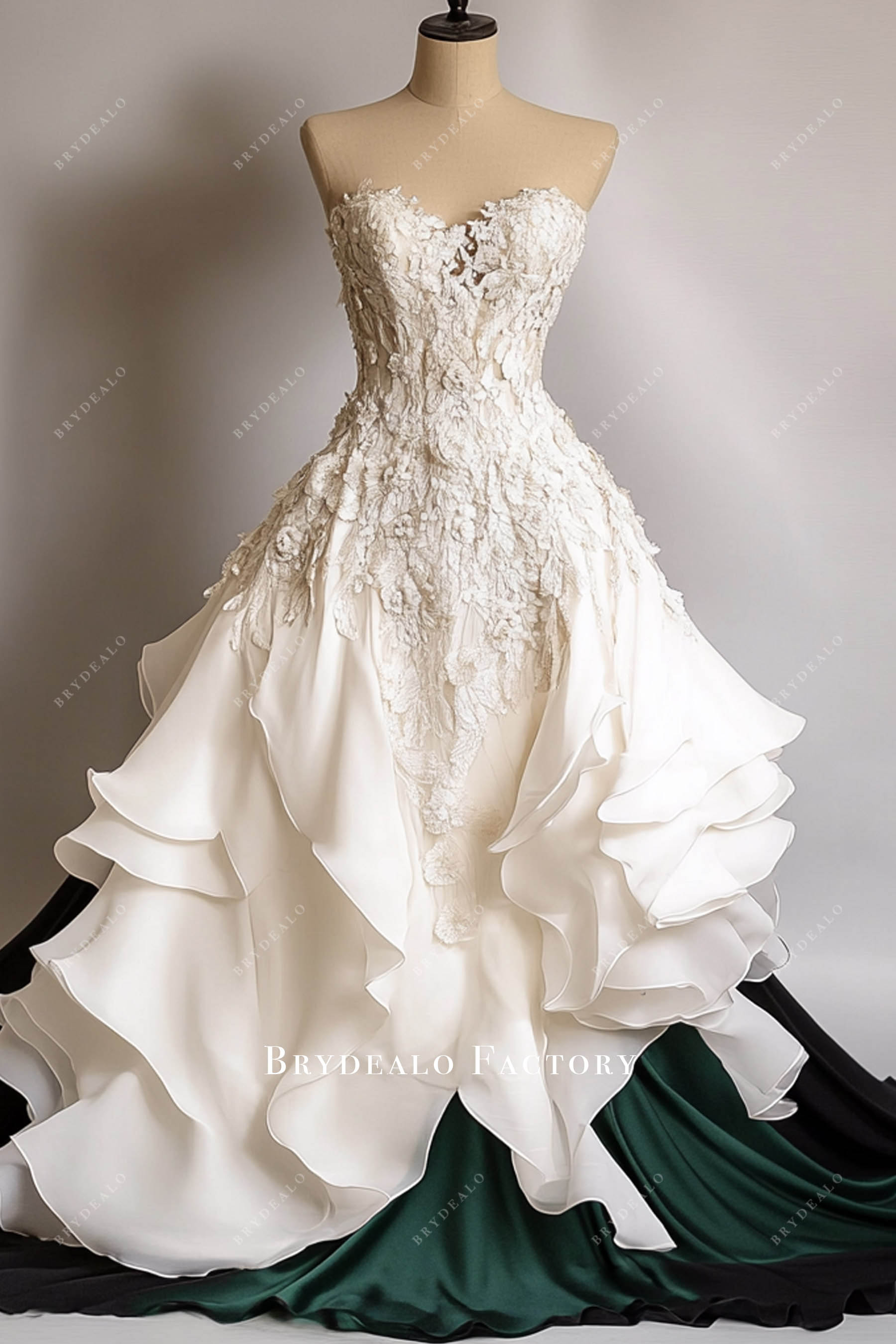 Two-Tone Strapless Lace Tiered Organza Satin Wedding Ballgown Two-Tone Strapless Lace Tiered Organza Satin Wedding Ballgown