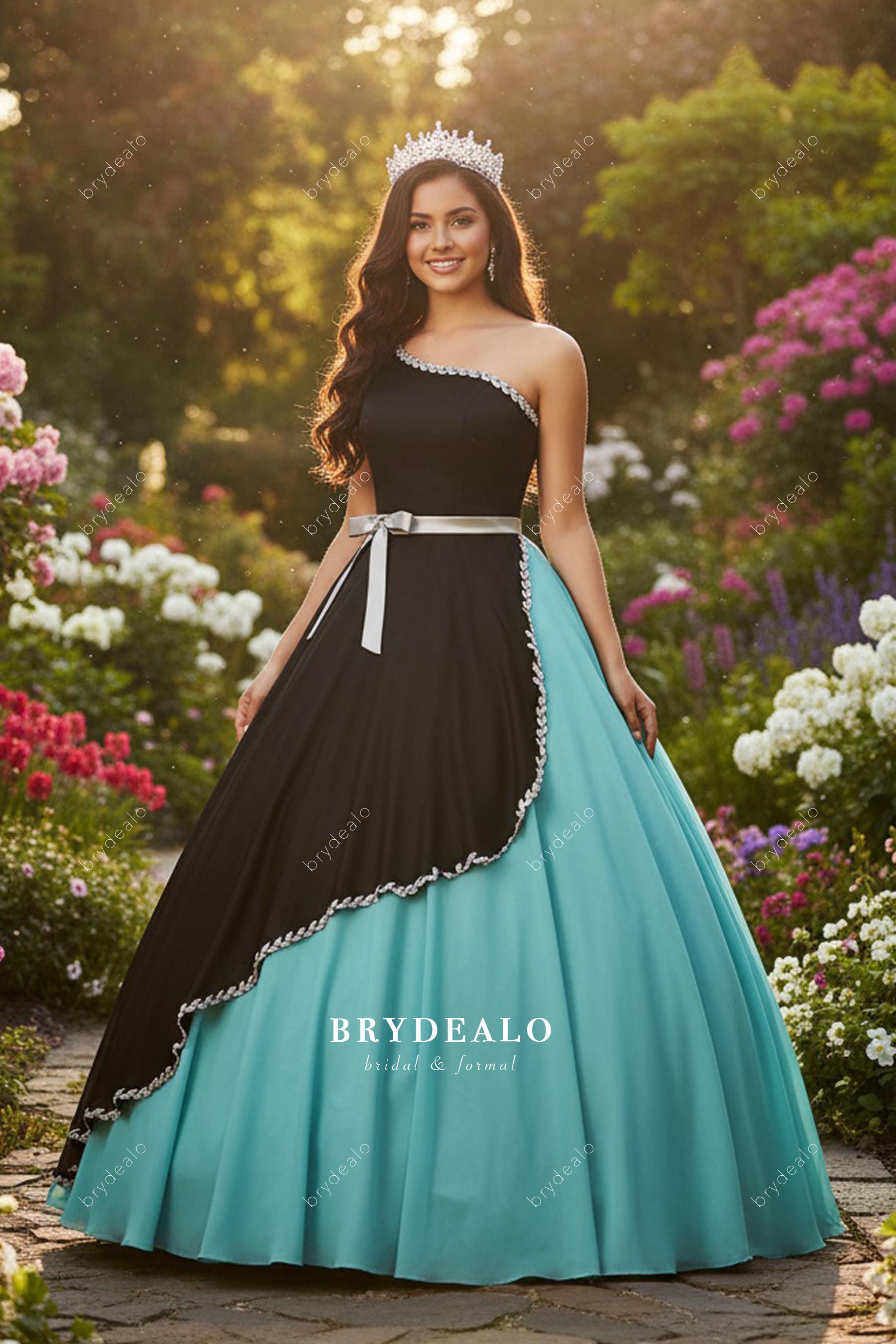 Chic Two-Tone One Shoulder Crystal Prom Ball Gown