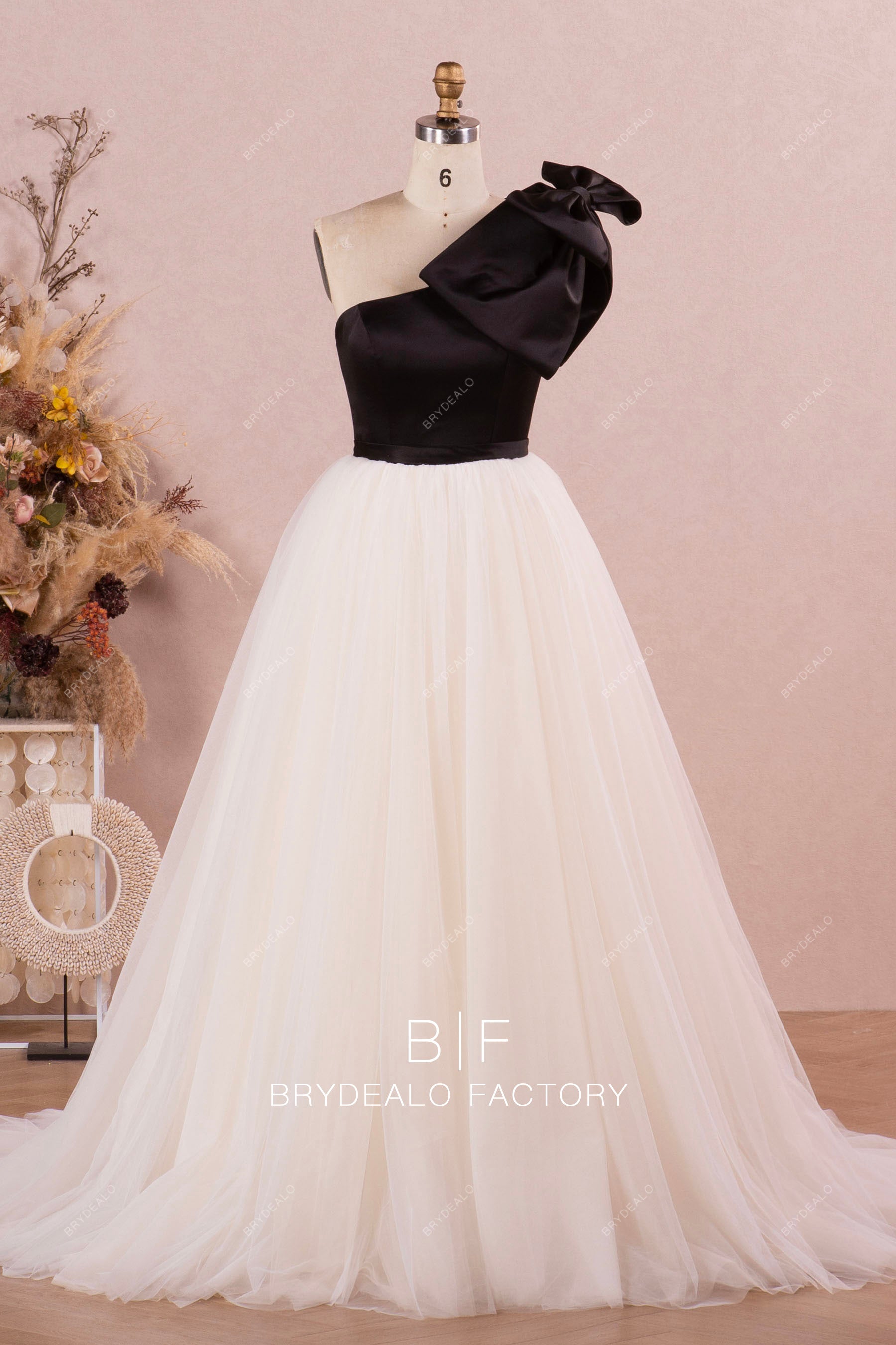 two-tone one shoulder tulle wedding ballgown