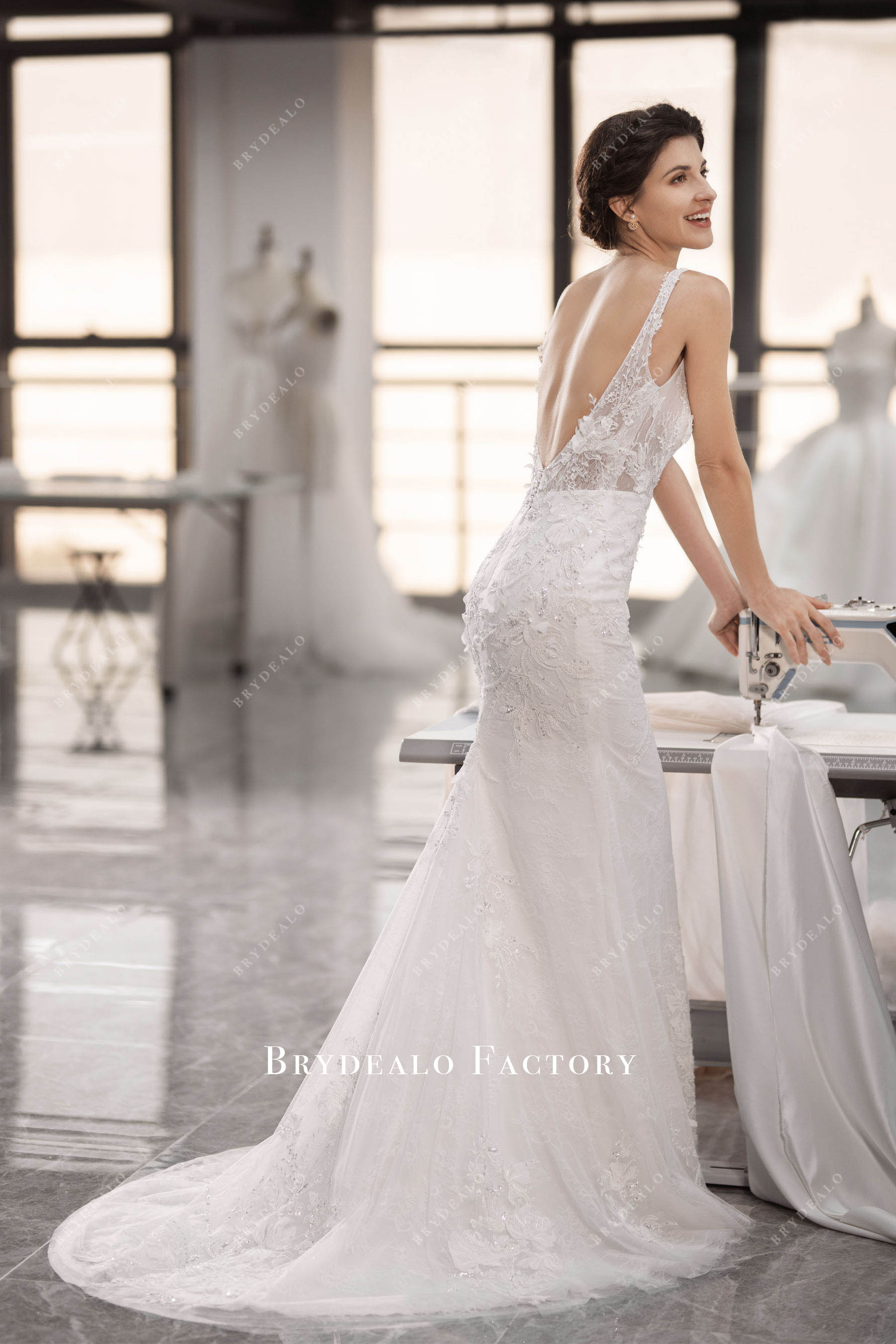 V-cut godet train wedding dress