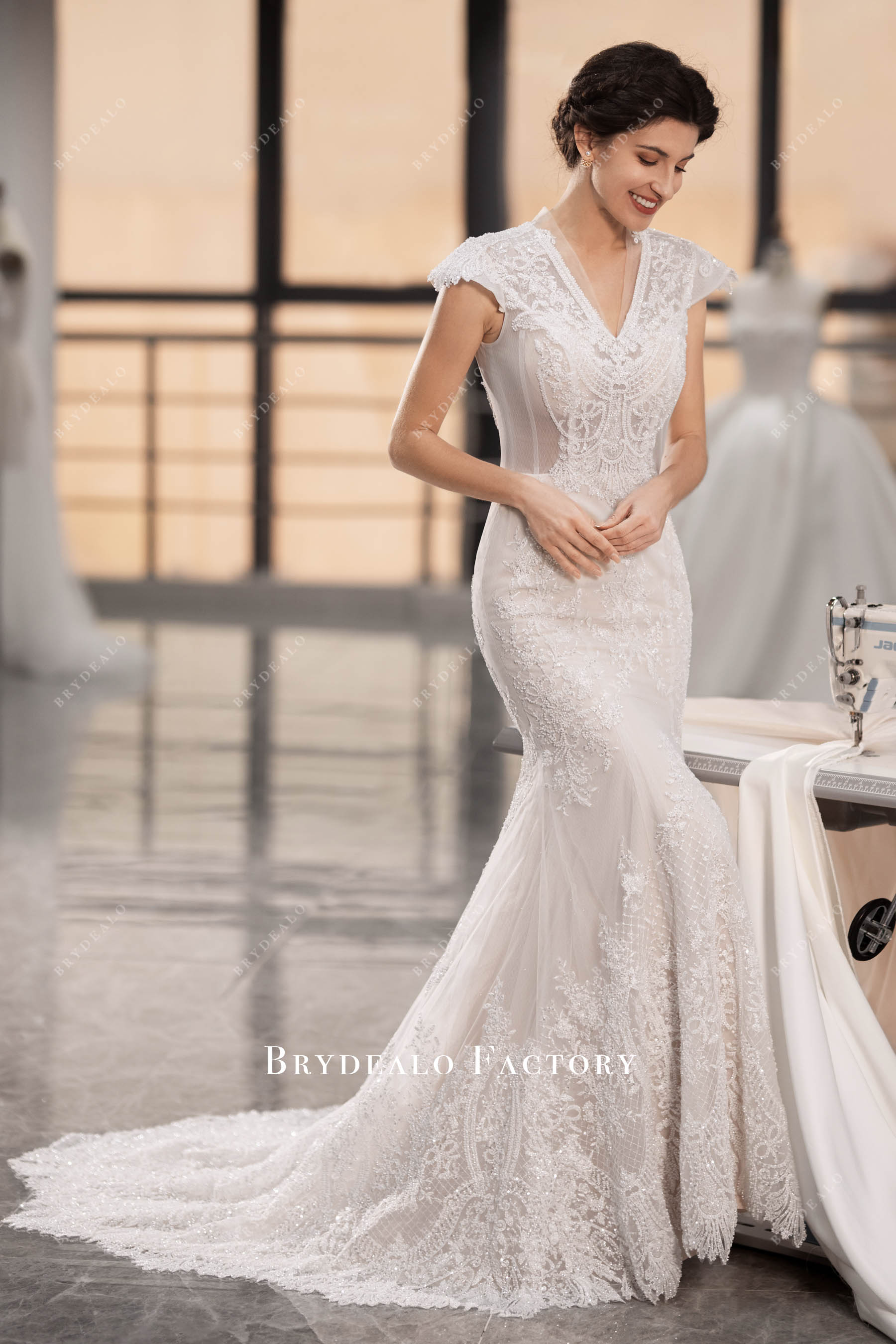 V-neck cap sleeve beaded wedding gown