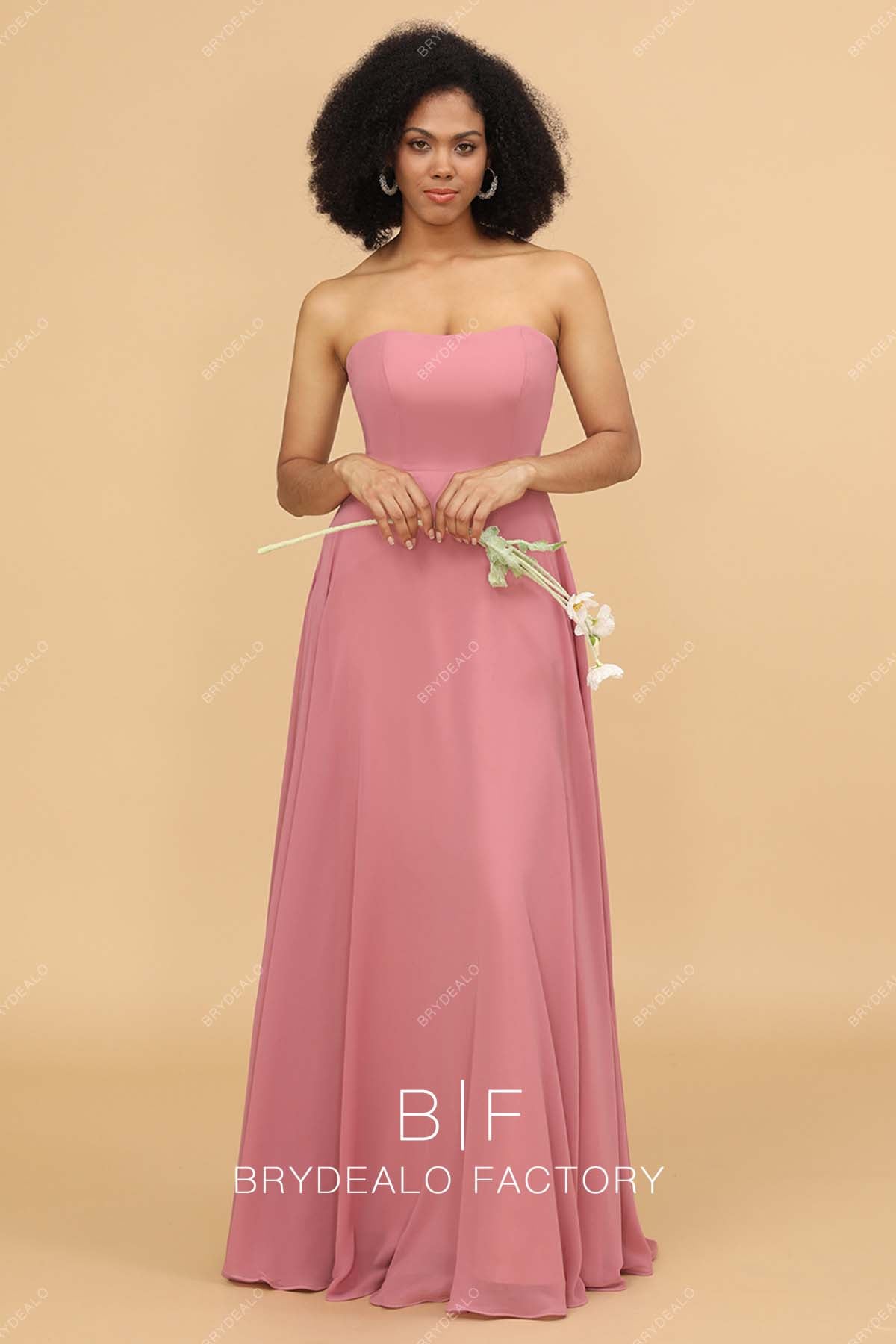 Watermelon Strapless Long Chiffon Bridesmaid Dress