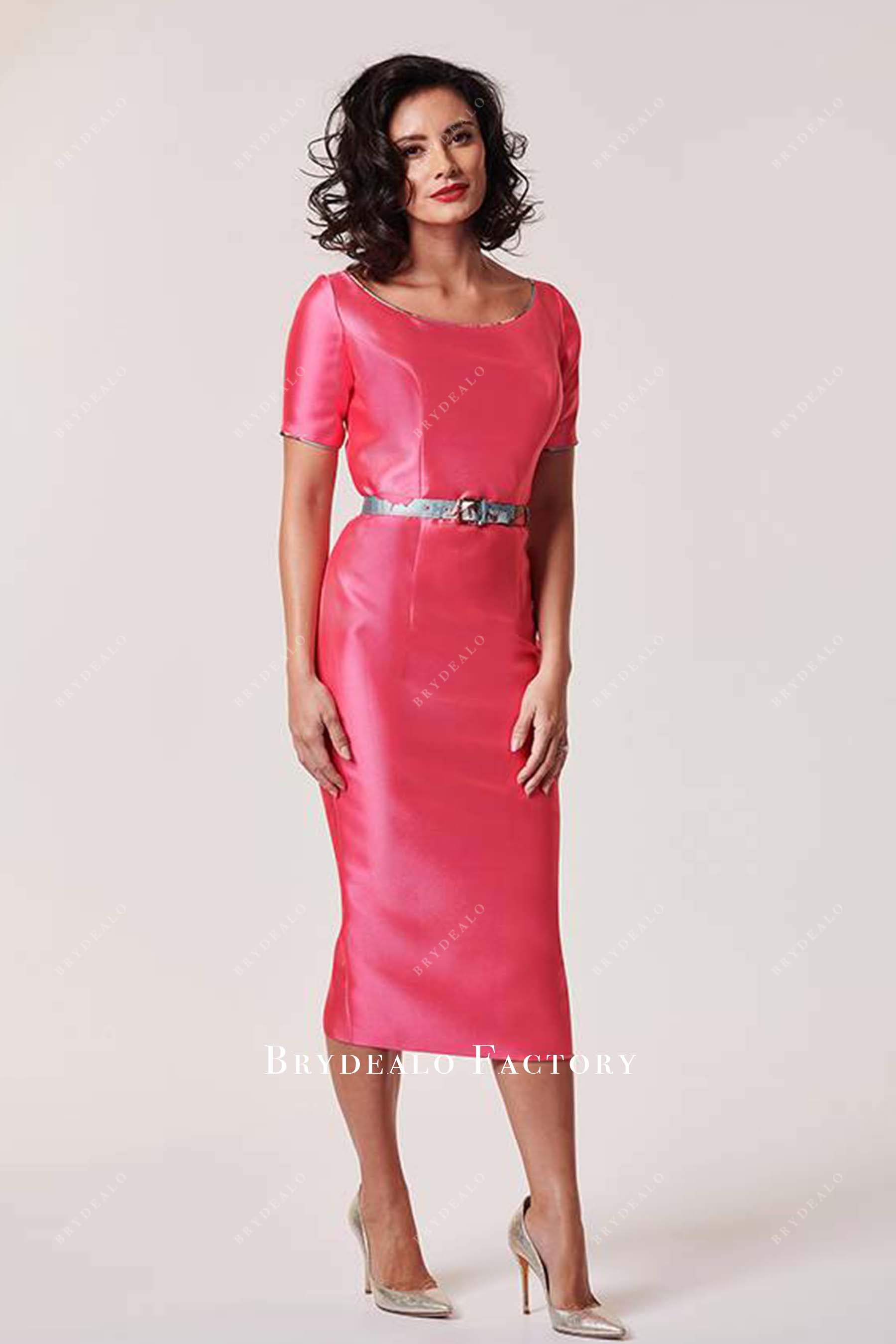 Watermelon Scoop Neck Short Sleeves Mother Of Bride Dress