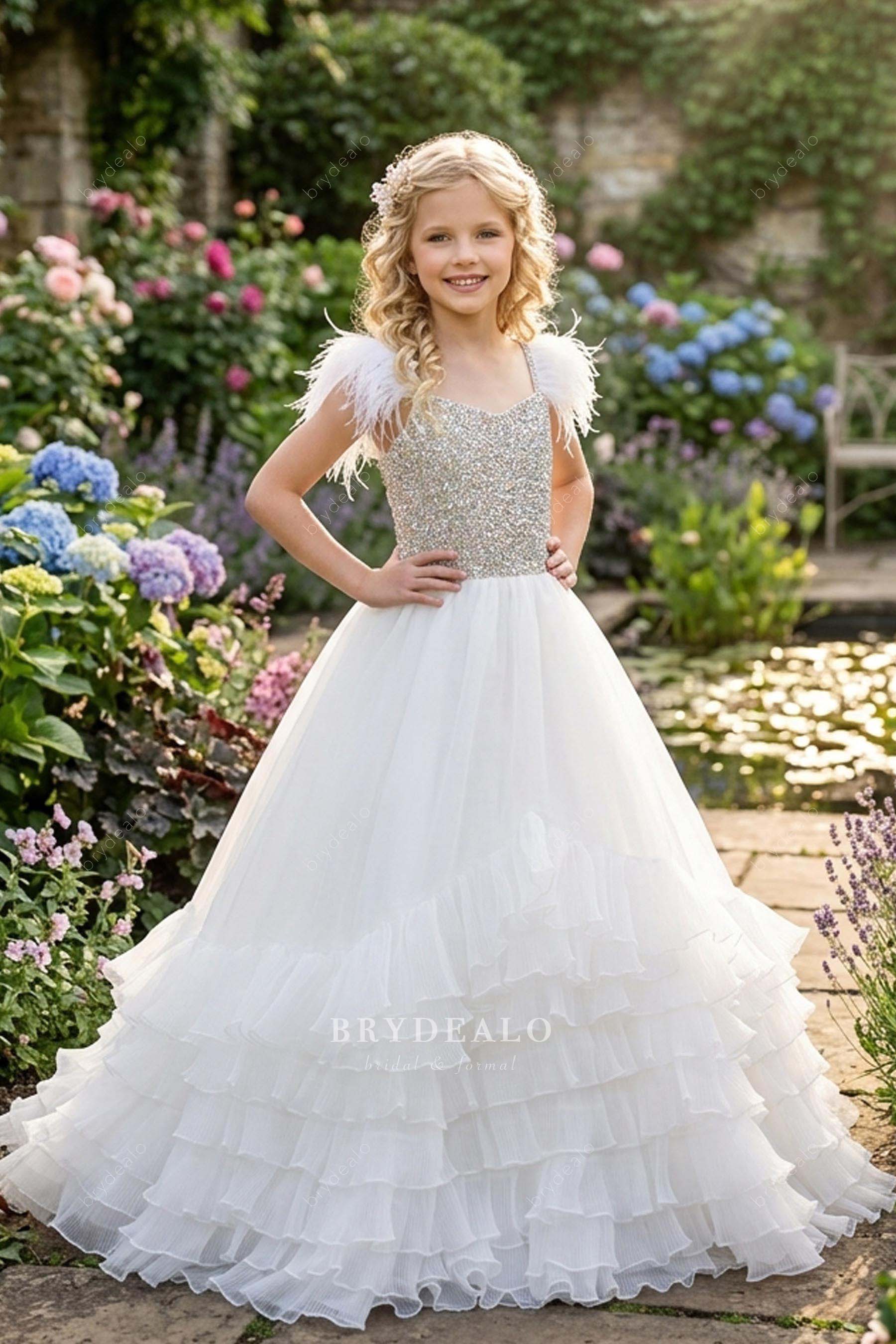 white feather shoulder teen pageant dress