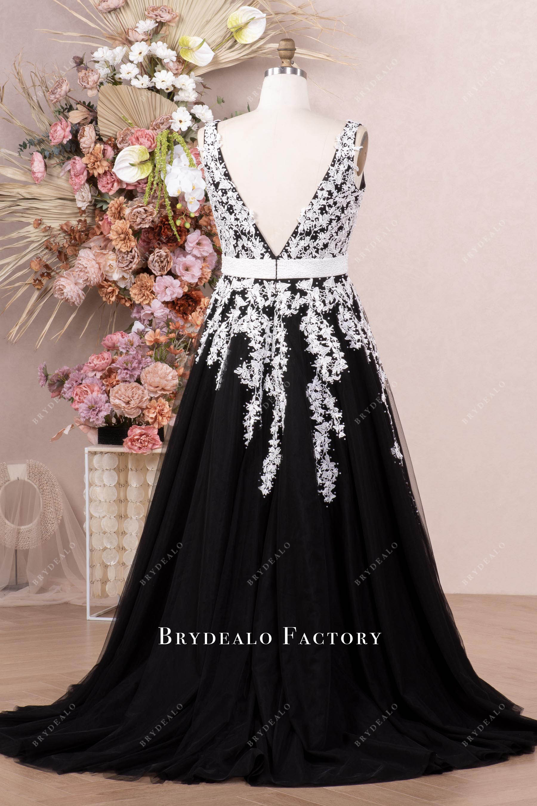 white lace black tulle wedding dress
