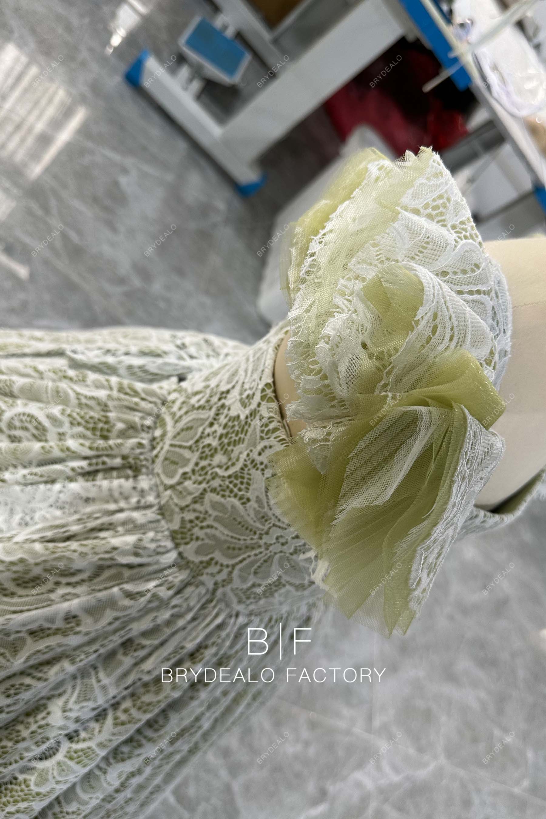 white lace olive tulle flutter sleeves dress