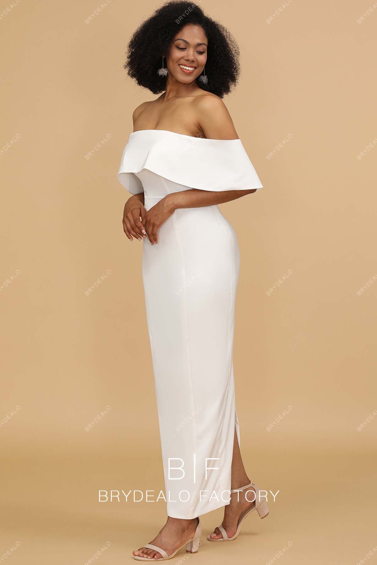 white off shoulder sheath formal dress