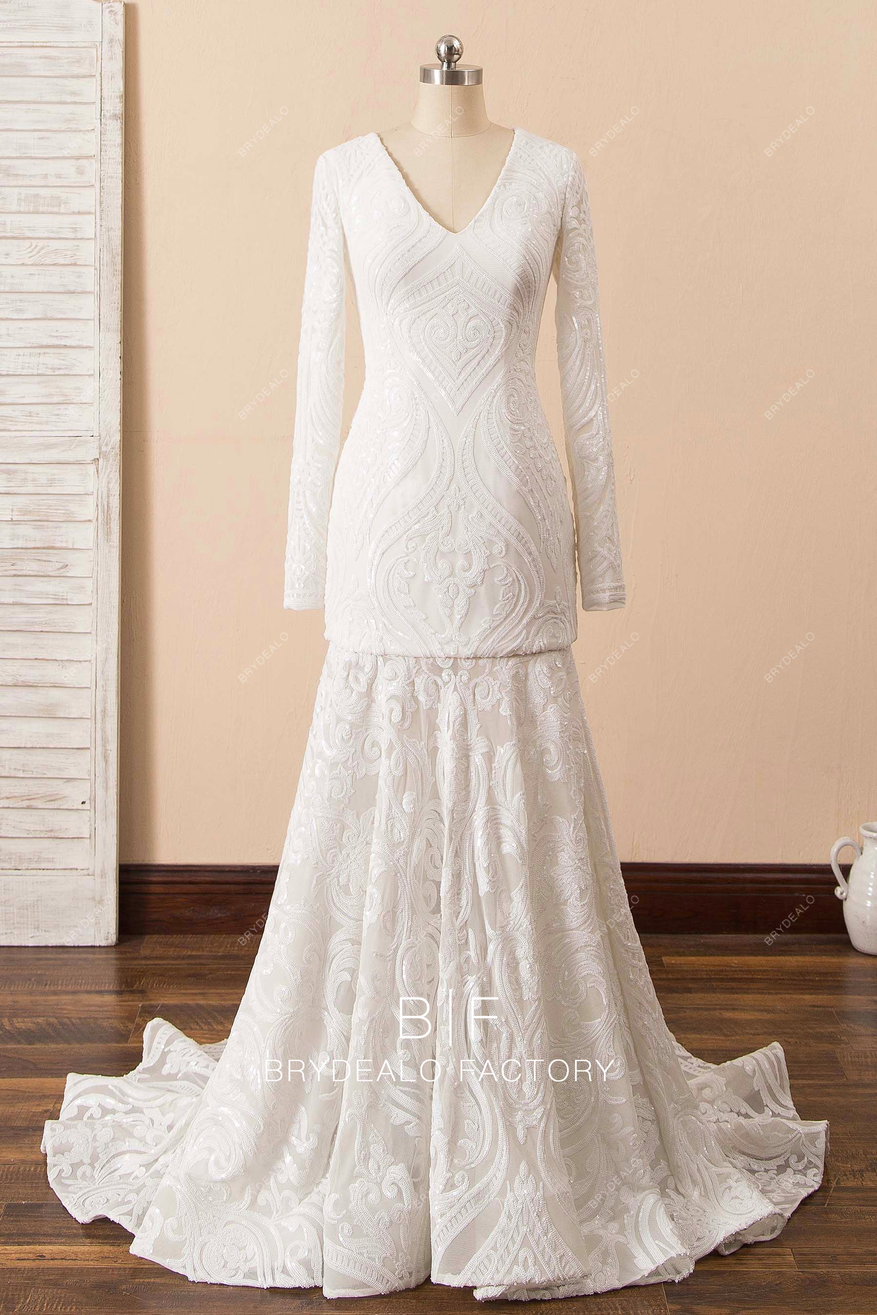 Modest White Patterned Sequin Mermaid Prom Formal Dress