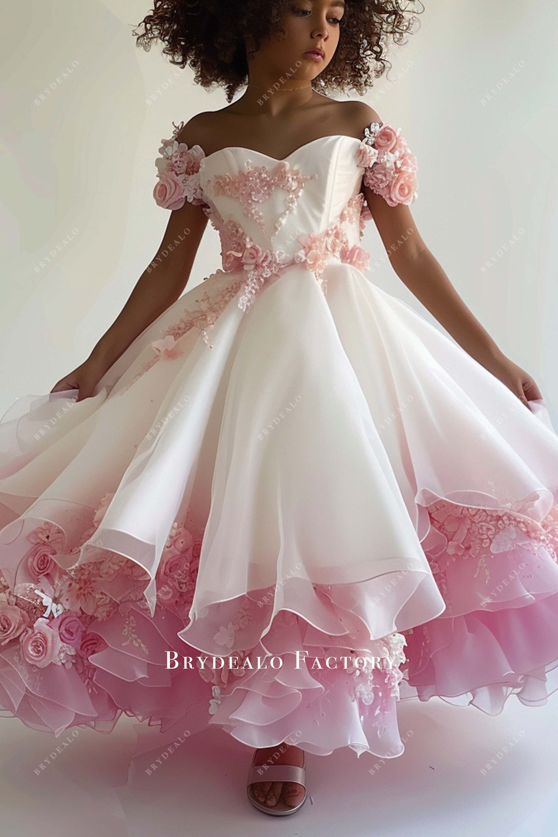 Pink 3D Flower Off Shoulder Organza Little Girl Dress