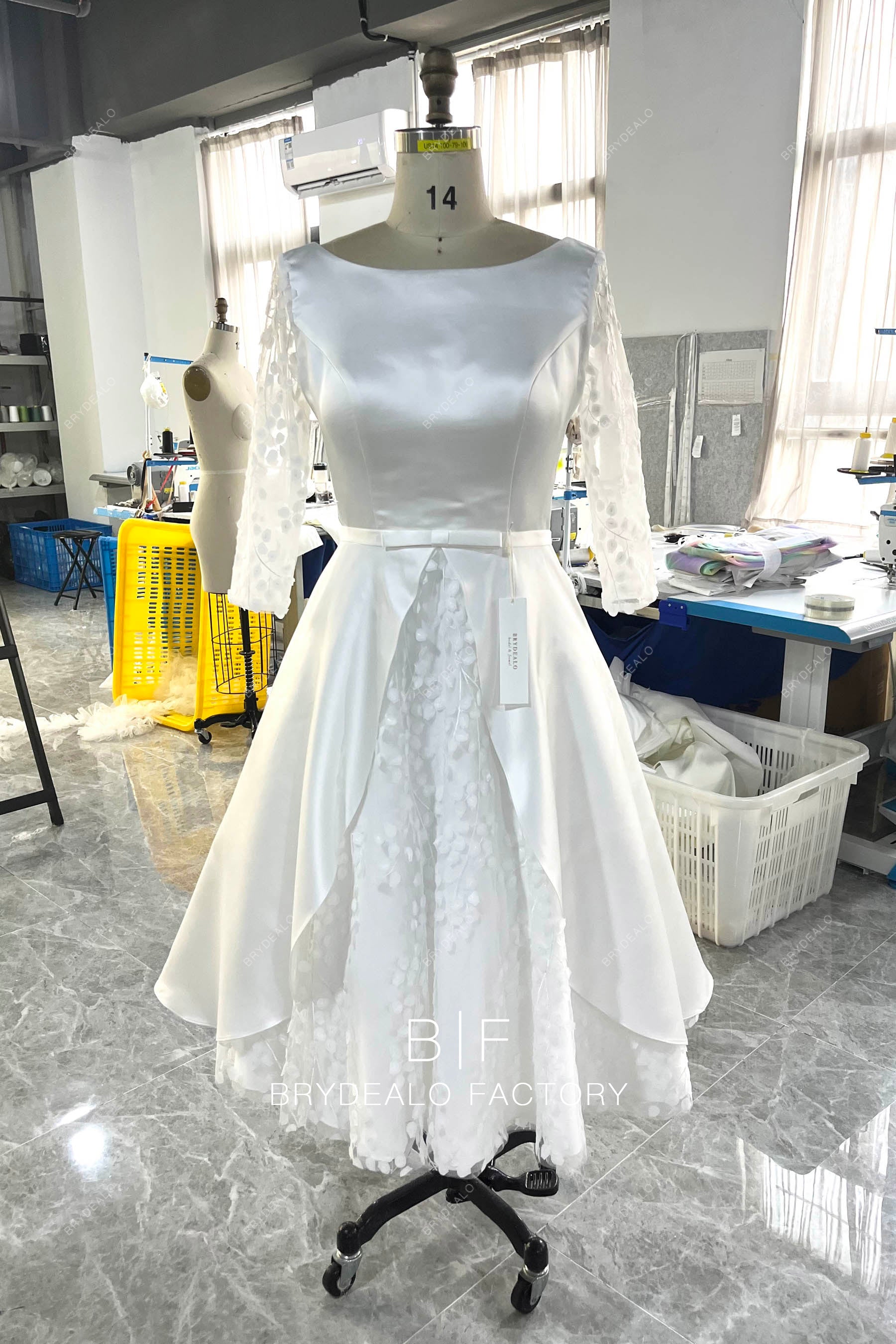 wholesale bateau neck satin short bridal gown