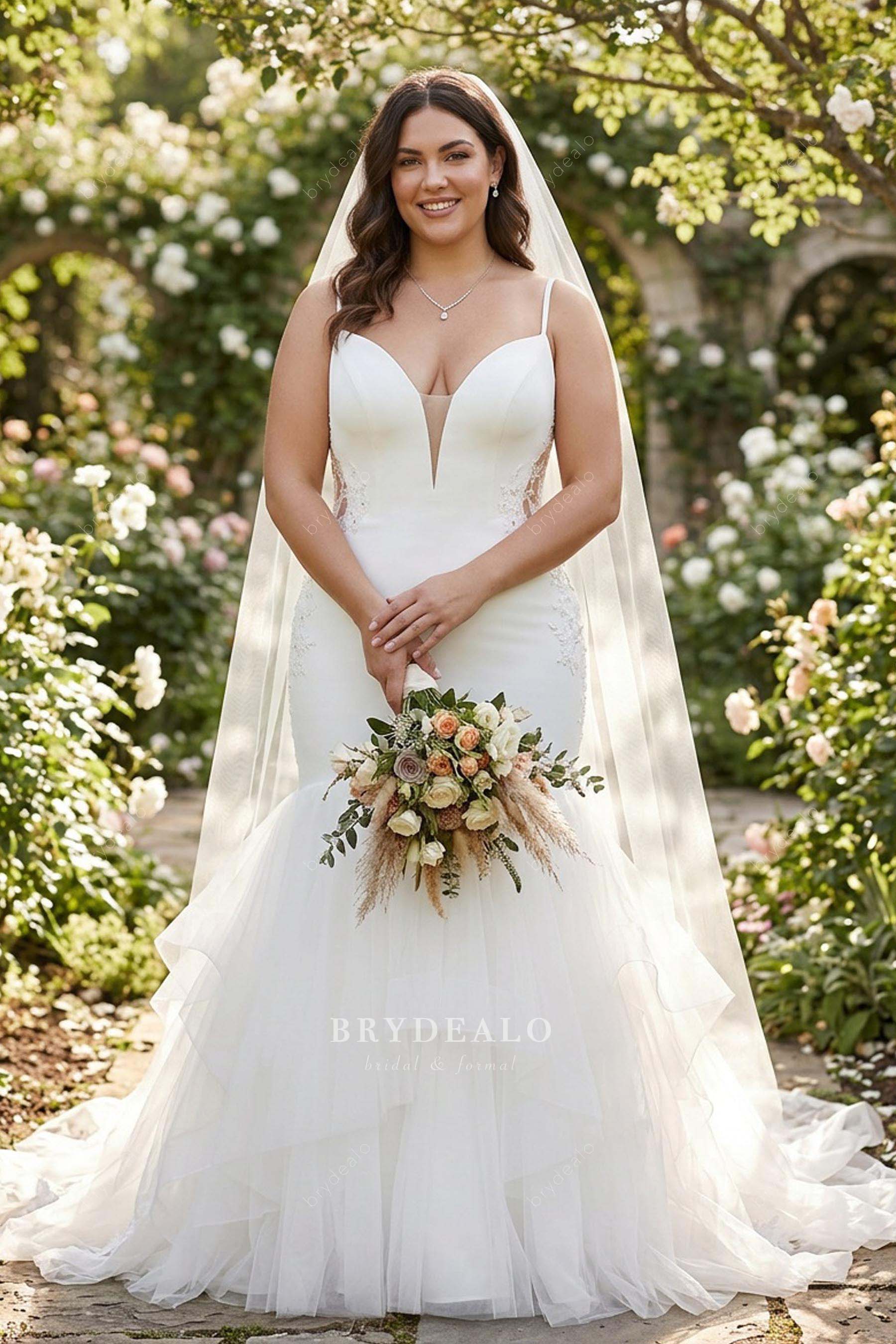 wholesale crepe plunging ruffled mermaid bridal gown