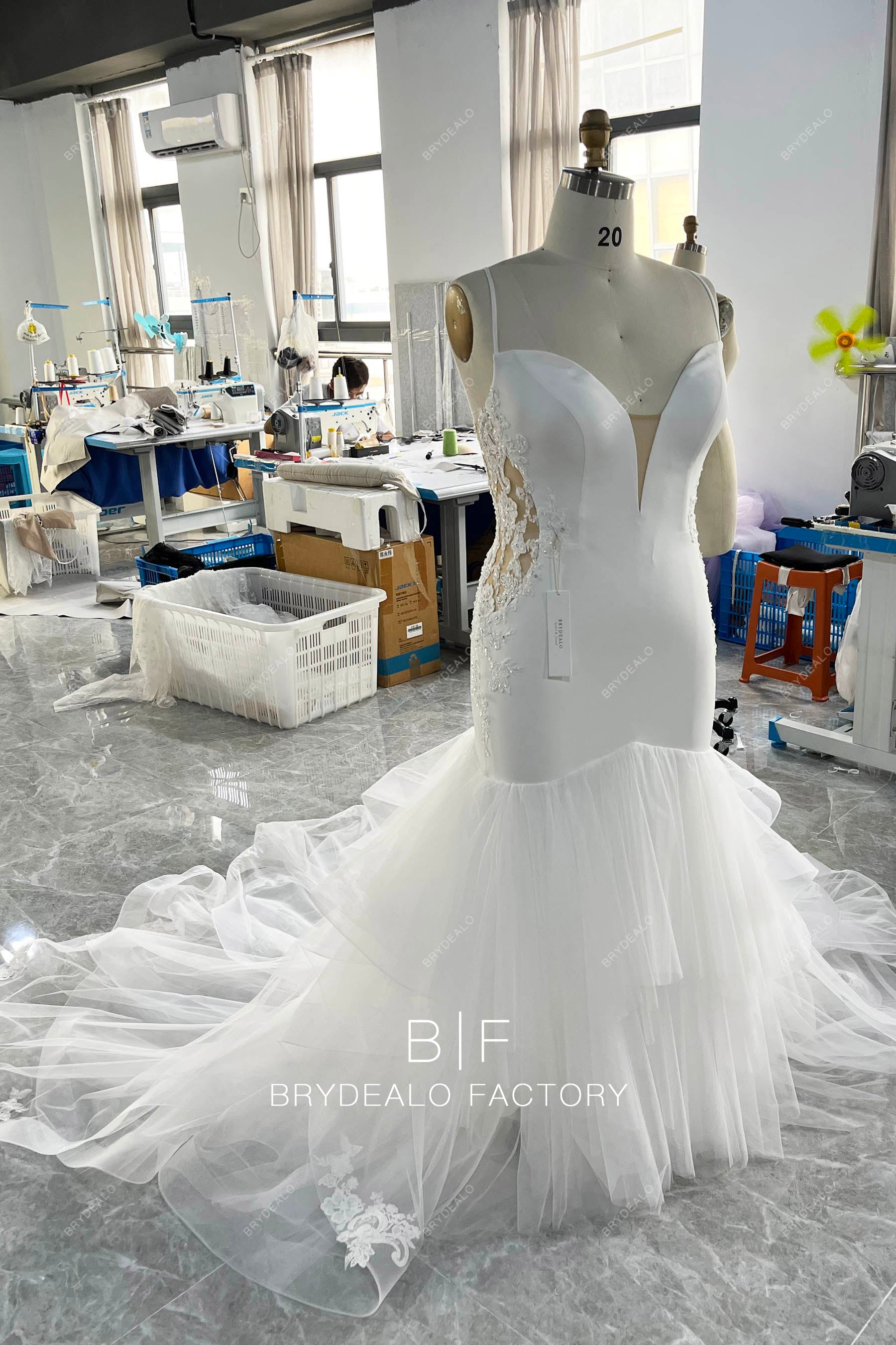 wholesale crepe plunging ruffled mermaid bridal gown
