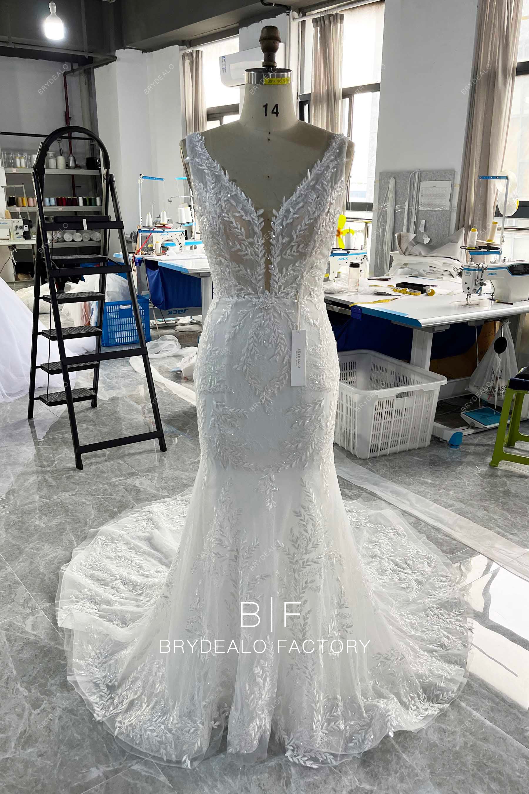 wholesale shimmery plunging wedding dress