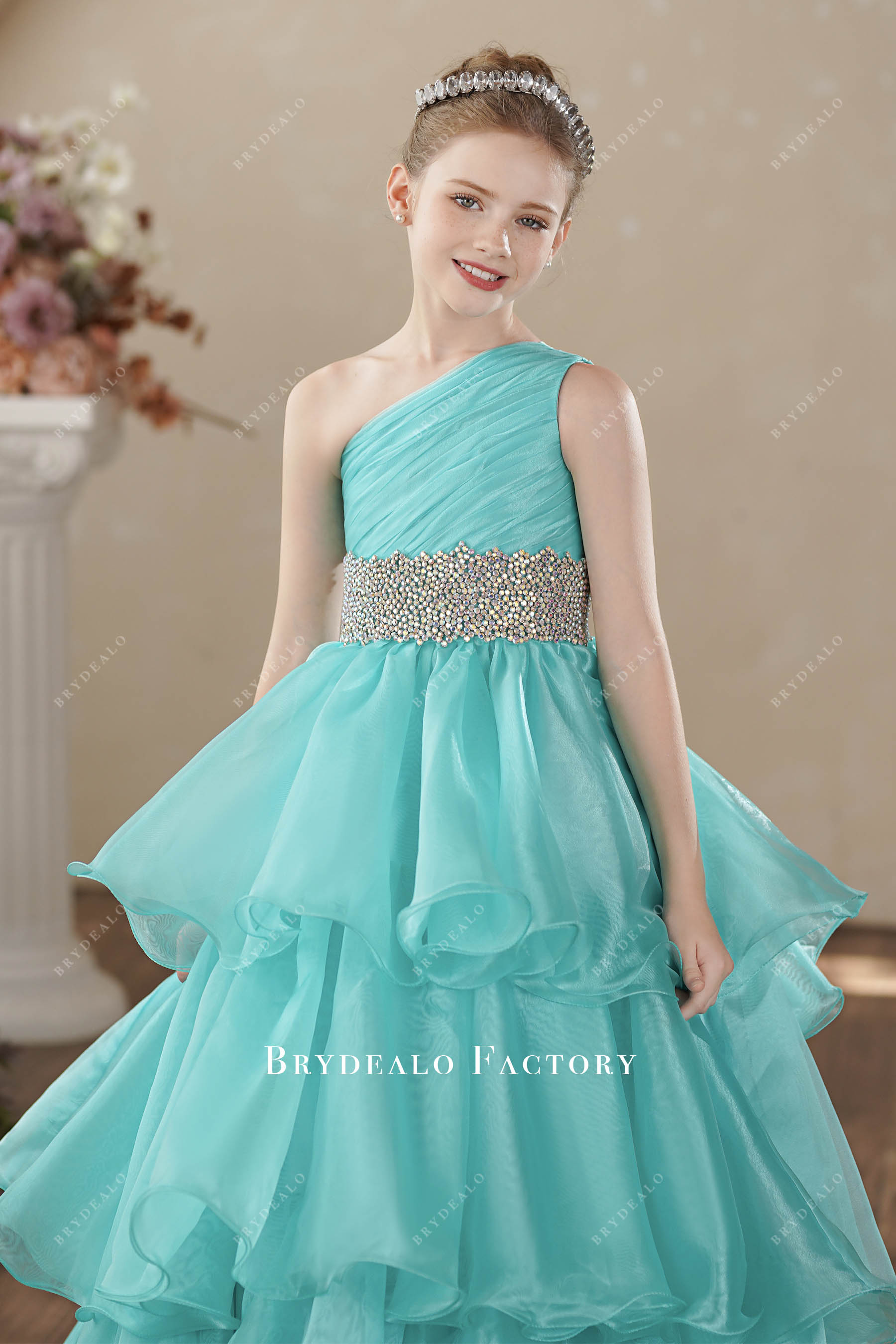 wide rhinestone waistband kids gown