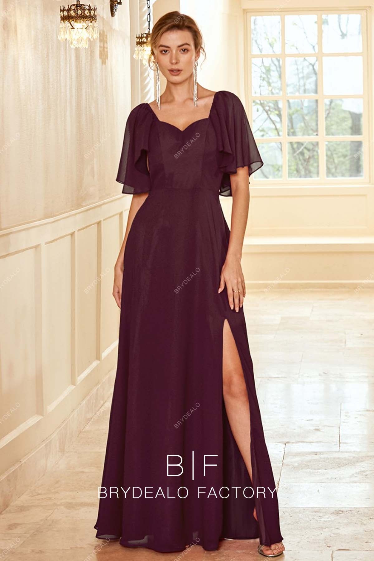 Wine Flutter Sleeves Chiffon Slit A-line Bridesmaid Gown