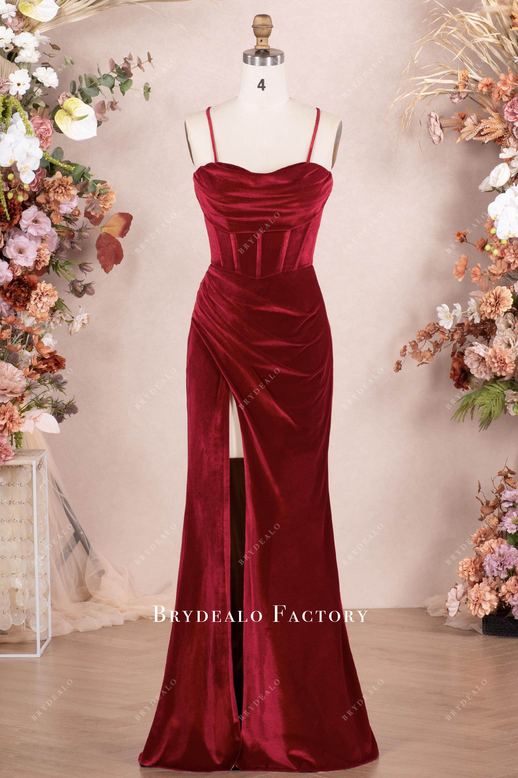 Ruby Velvet Pleated Corset High Slit Prom Formal Dress Ruby Velvet Pleated Corset High Slit Prom Formal Dress