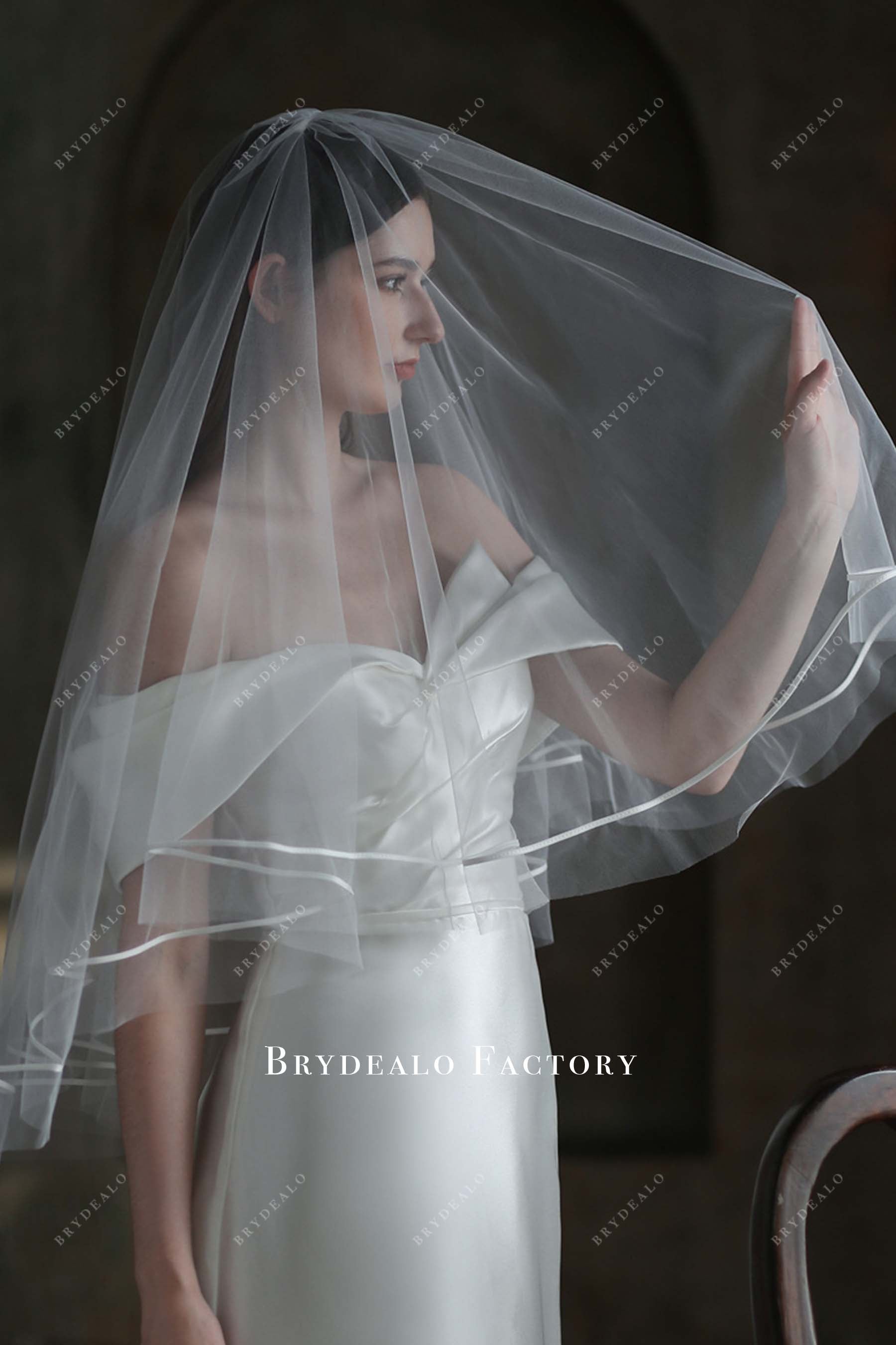 with satin trim bridal veil